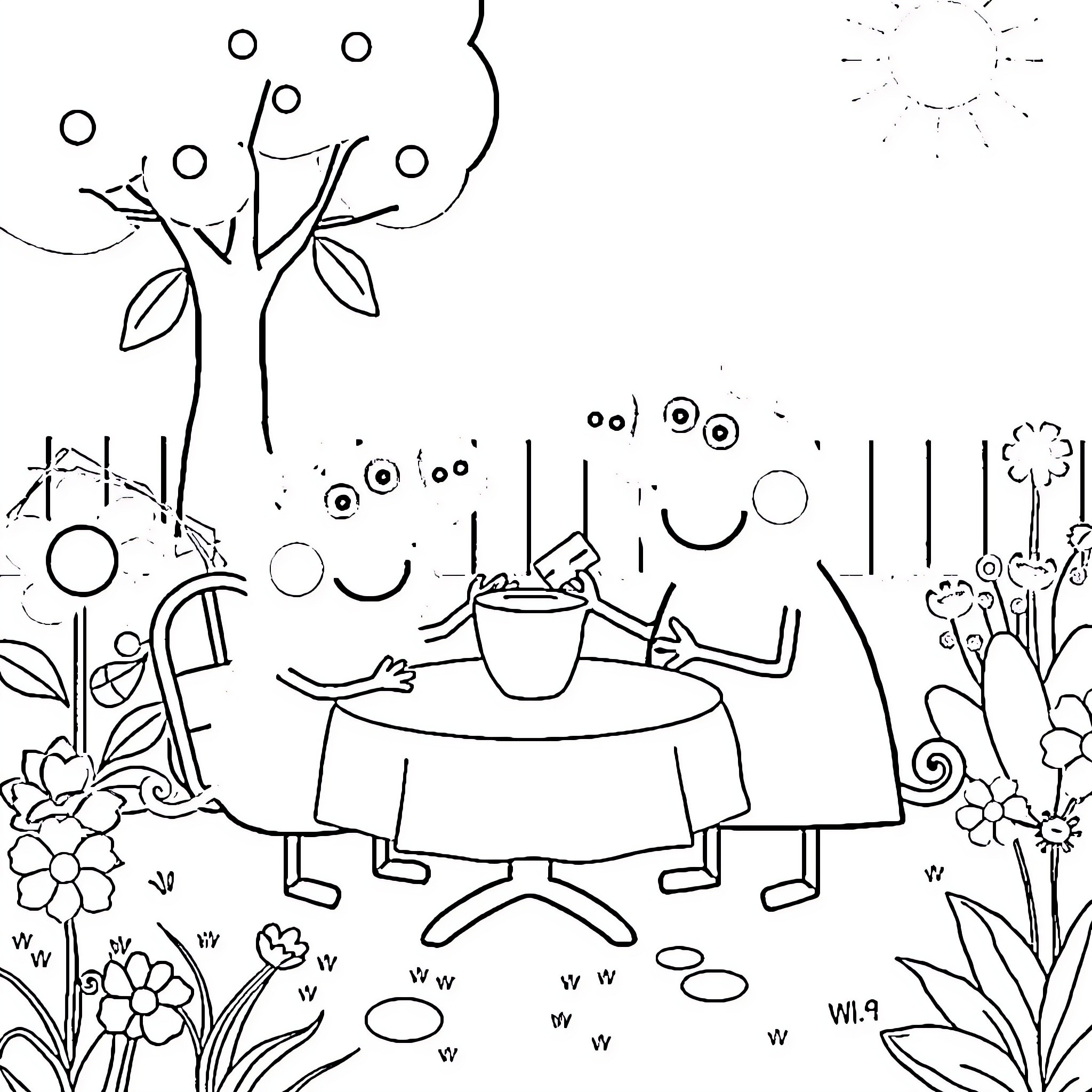 Peppa Pig enjoying a picnic in the park Coloring Page (free black-and-white line drawing printable PDF for all, from beginners to advanced learners, including children, teens, adults, and seniors)
