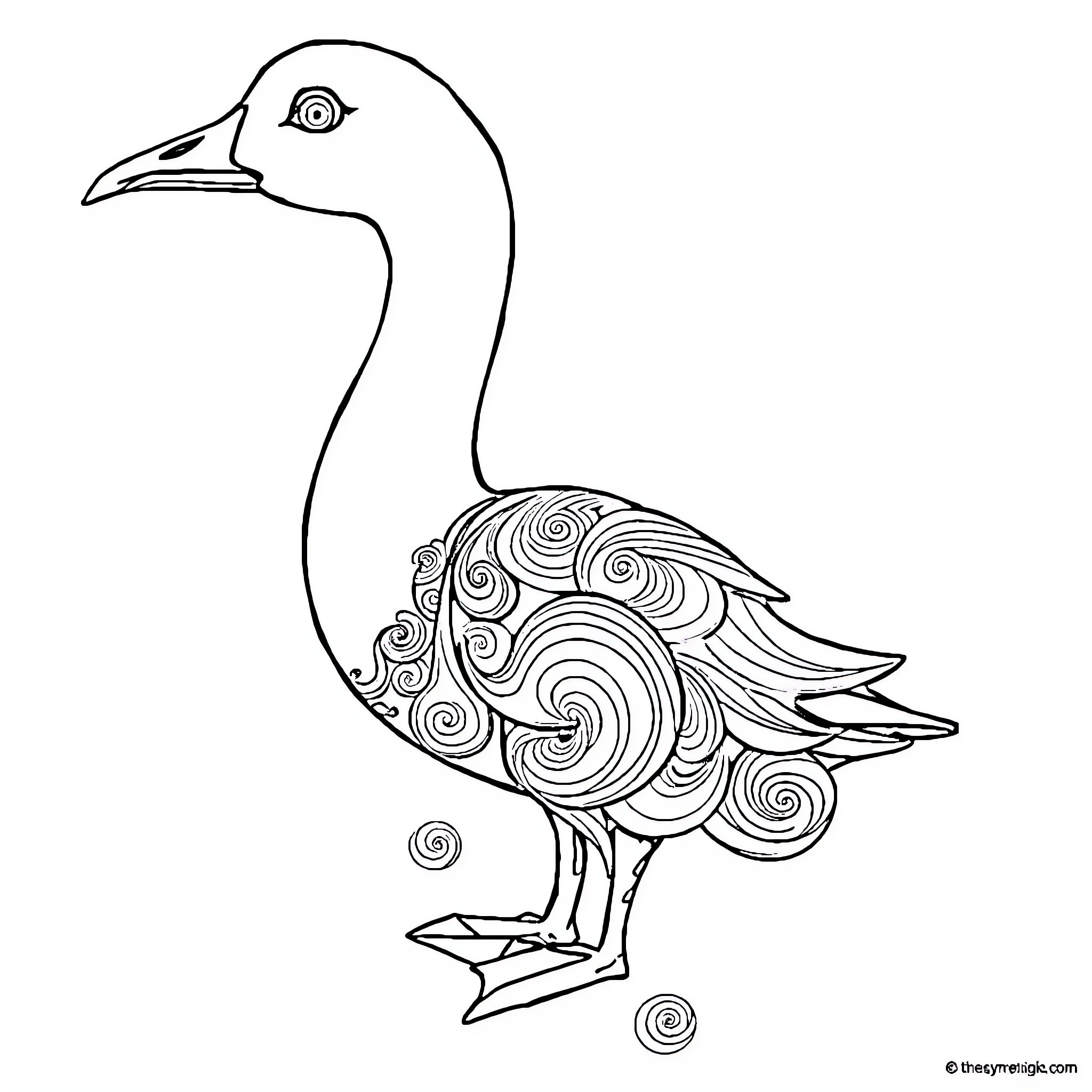 Goose with intricate pattern on its feathers Coloring Page (free black-and-white line drawing printable PDF for all, from beginners to advanced learners, including children, teens, adults, and seniors)