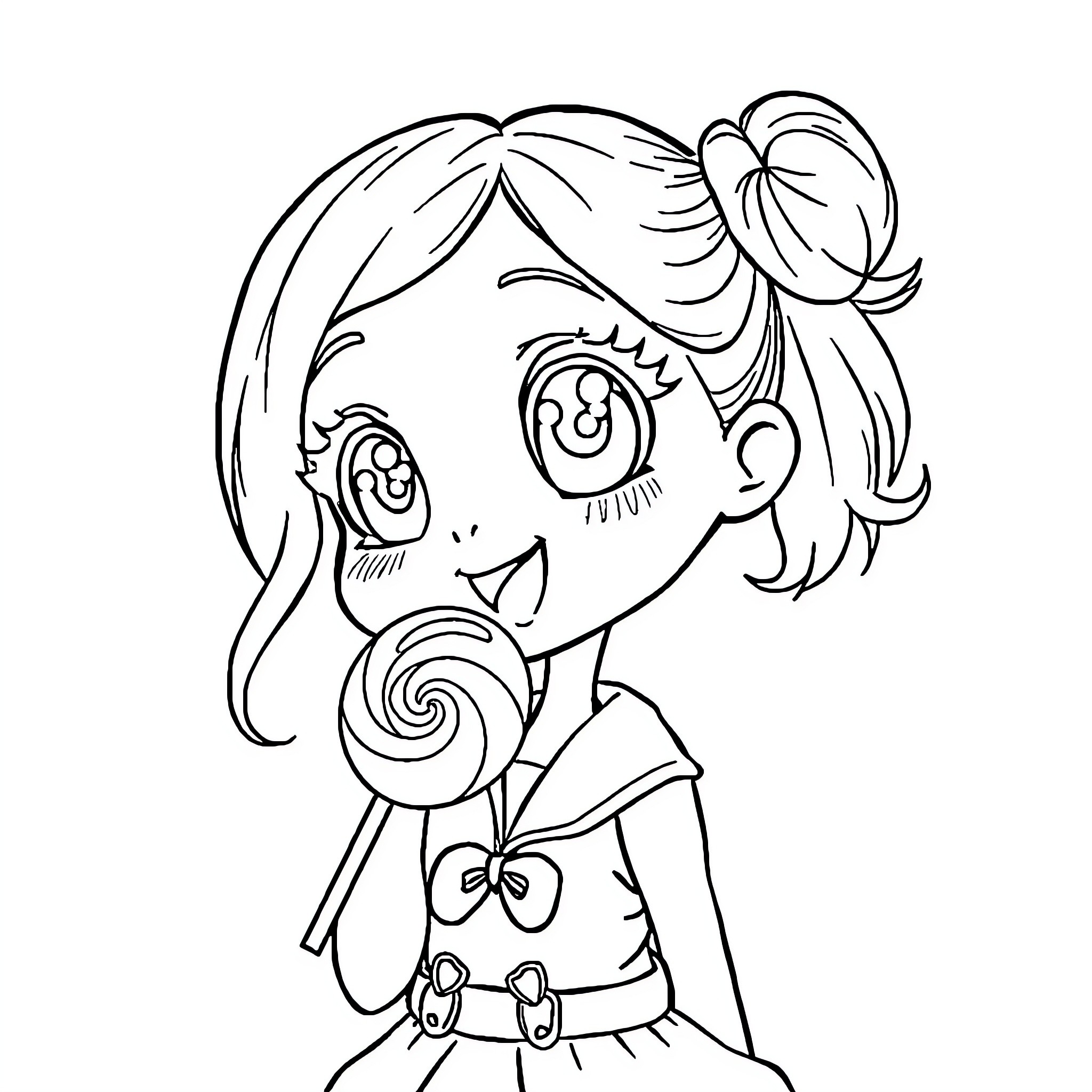 Girl enjoying a lollipop with a sweet expression Coloring Page (free black-and-white line drawing printable PDF for all, from beginners to advanced learners, including children, teens, adults, and seniors)