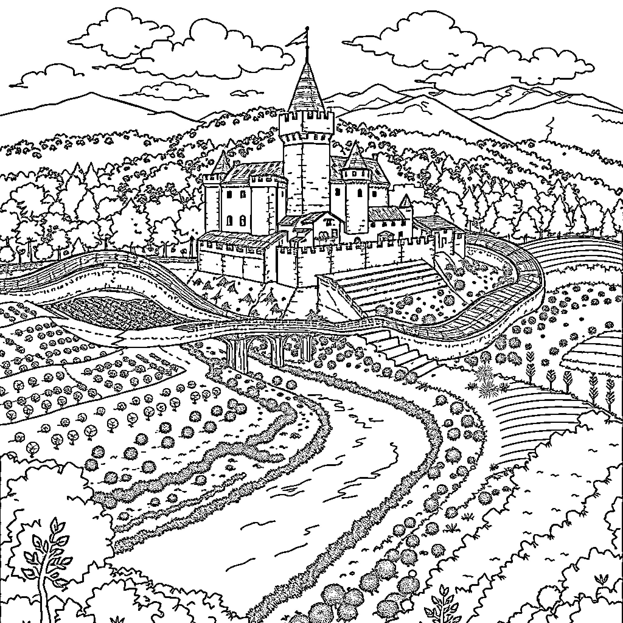 Feudo Castle Surrounded by Enchanting Landscapes Coloring Page (free black-and-white line drawing printable PDF for all, from beginners to advanced learners, including children, teens, adults, and seniors)