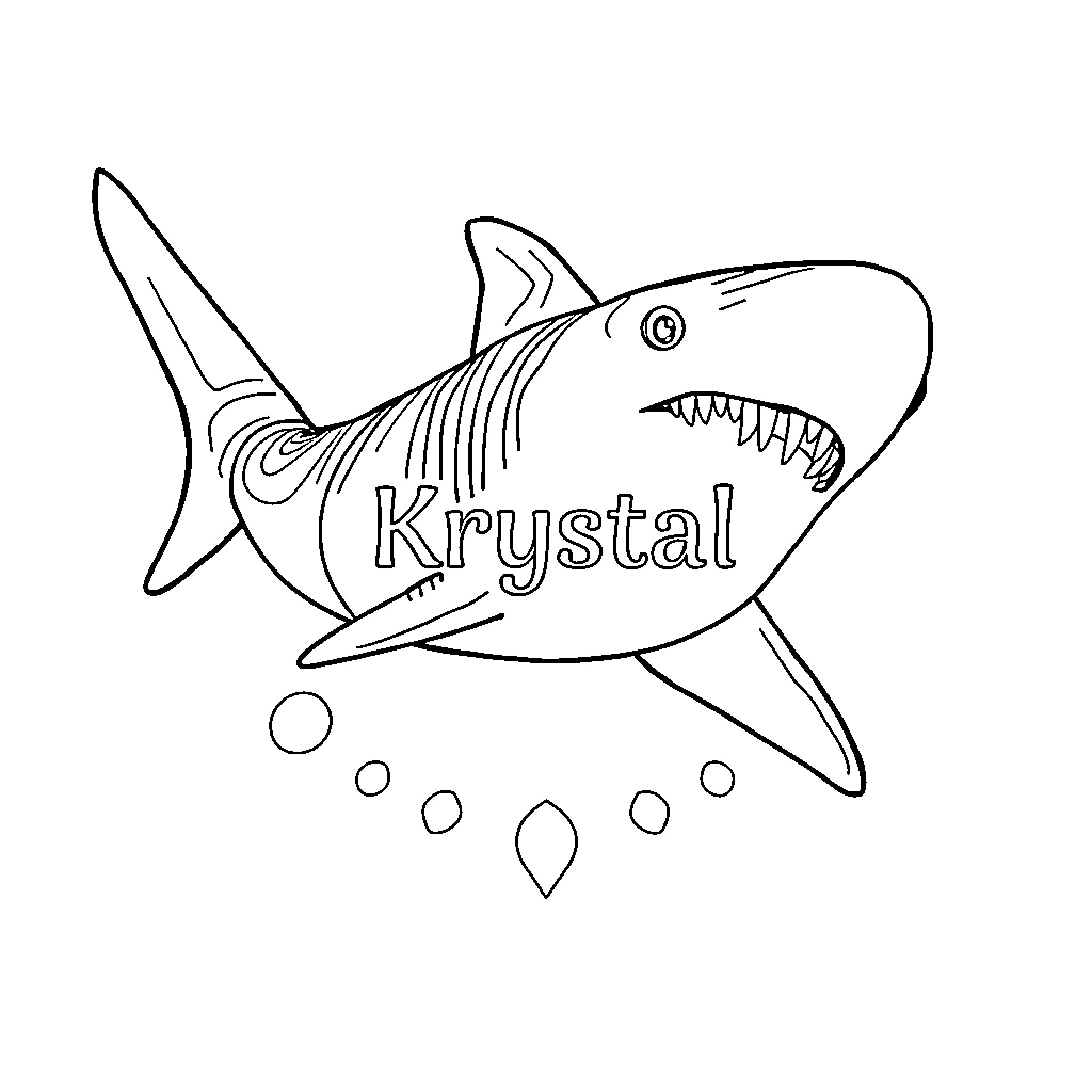 Whale Shark with name Krystal swimming Coloring Page (free black-and-white line drawing printable PDF for all, from beginners to advanced learners, including children, teens, adults, and seniors)