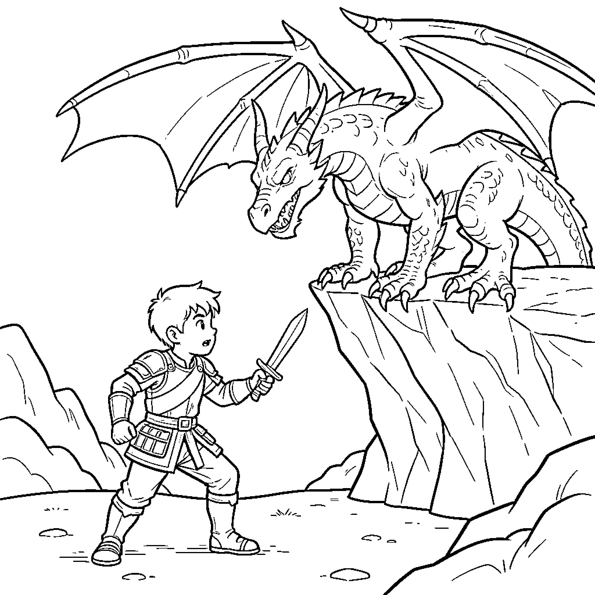 Boy holding a sword facing a dragon Coloring Page (free black-and-white line drawing printable PDF for all, from beginners to advanced learners, including children, teens, adults, and seniors)