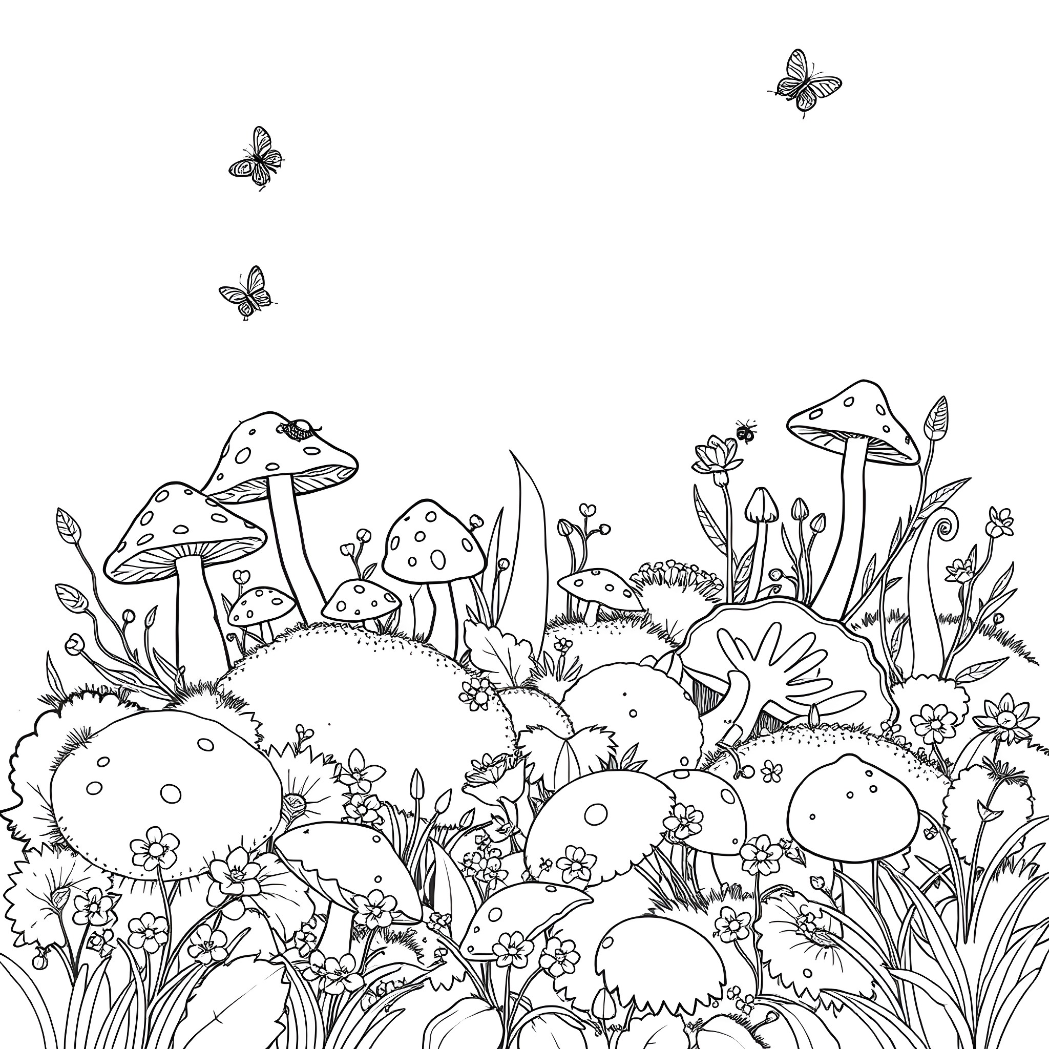 Mushroom fantasy garden with butterflies Coloring Page (free black-and-white line drawing printable PDF for all, from beginners to advanced learners, including children, teens, adults, and seniors)