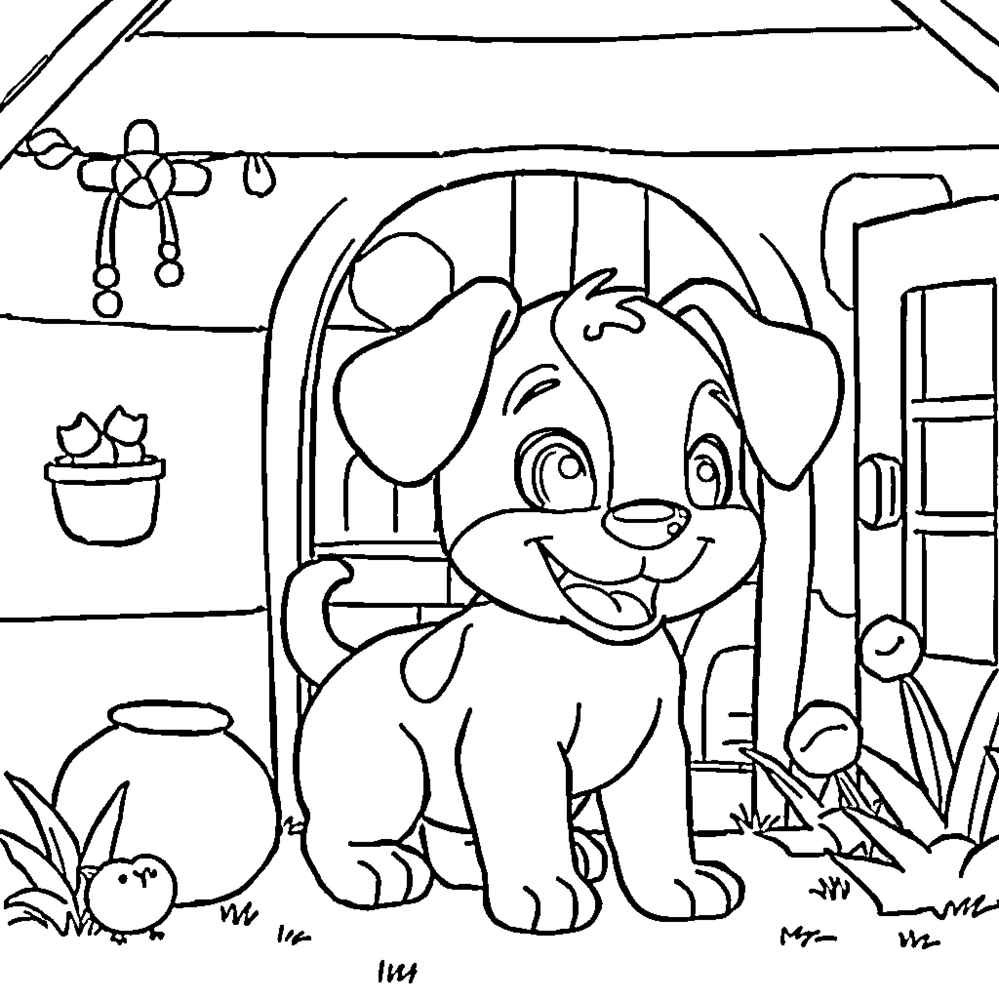 Bingo: Cute puppy exploring cozy home Coloring Page (free black-and-white line drawing printable PDF for all, from beginners to advanced learners, including children, teens, adults, and seniors)