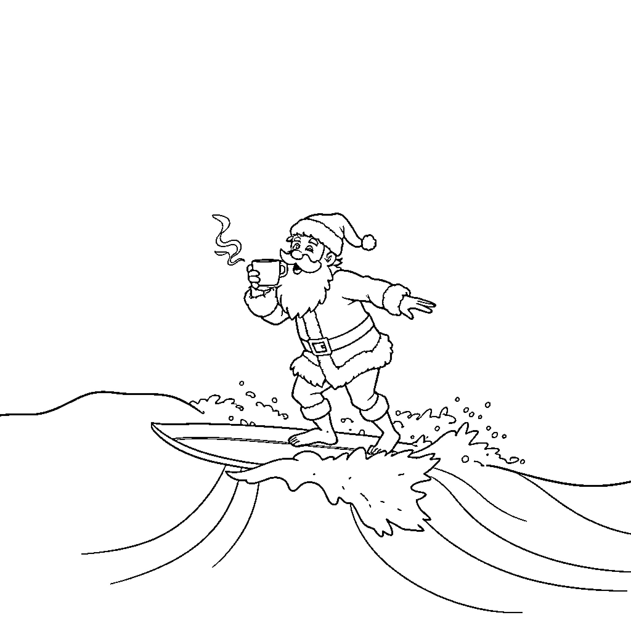Santa surfing waves in the ocean Coloring Page (free black-and-white line drawing printable PDF for all, from beginners to advanced learners, including children, teens, adults, and seniors)