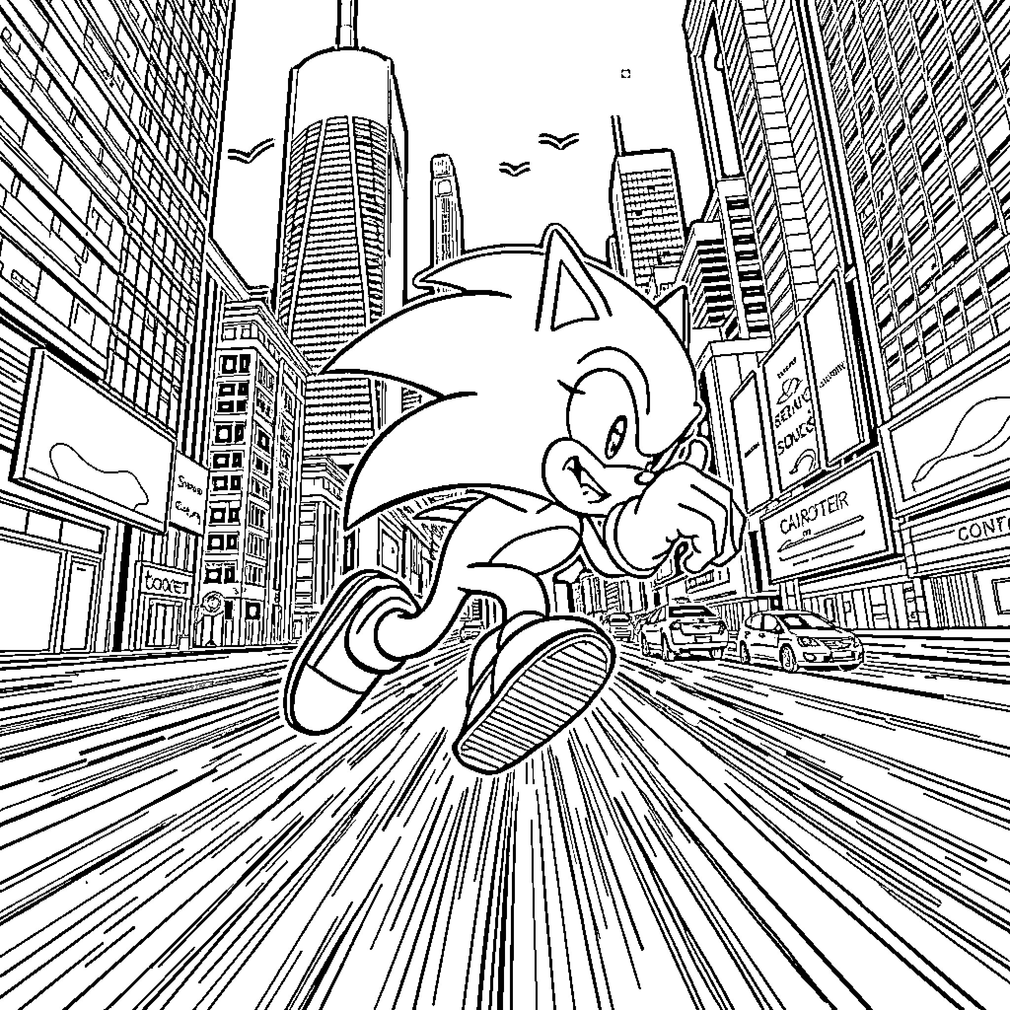 Sonic speeding through the city skyline Coloring Page (free black-and-white line drawing printable PDF for all, from beginners to advanced learners, including children, teens, adults, and seniors)