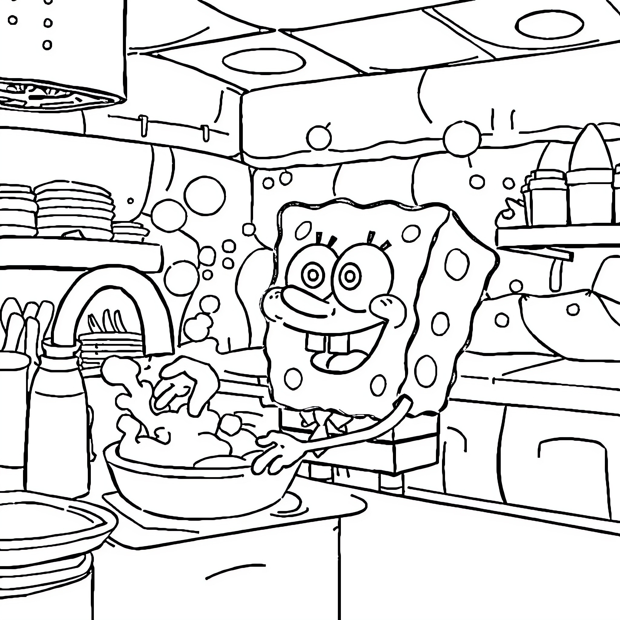 Spongebob enjoying a bubbly underwater adventure Coloring Page (free black-and-white line drawing printable PDF for all, from beginners to advanced learners, including children, teens, adults, and seniors)