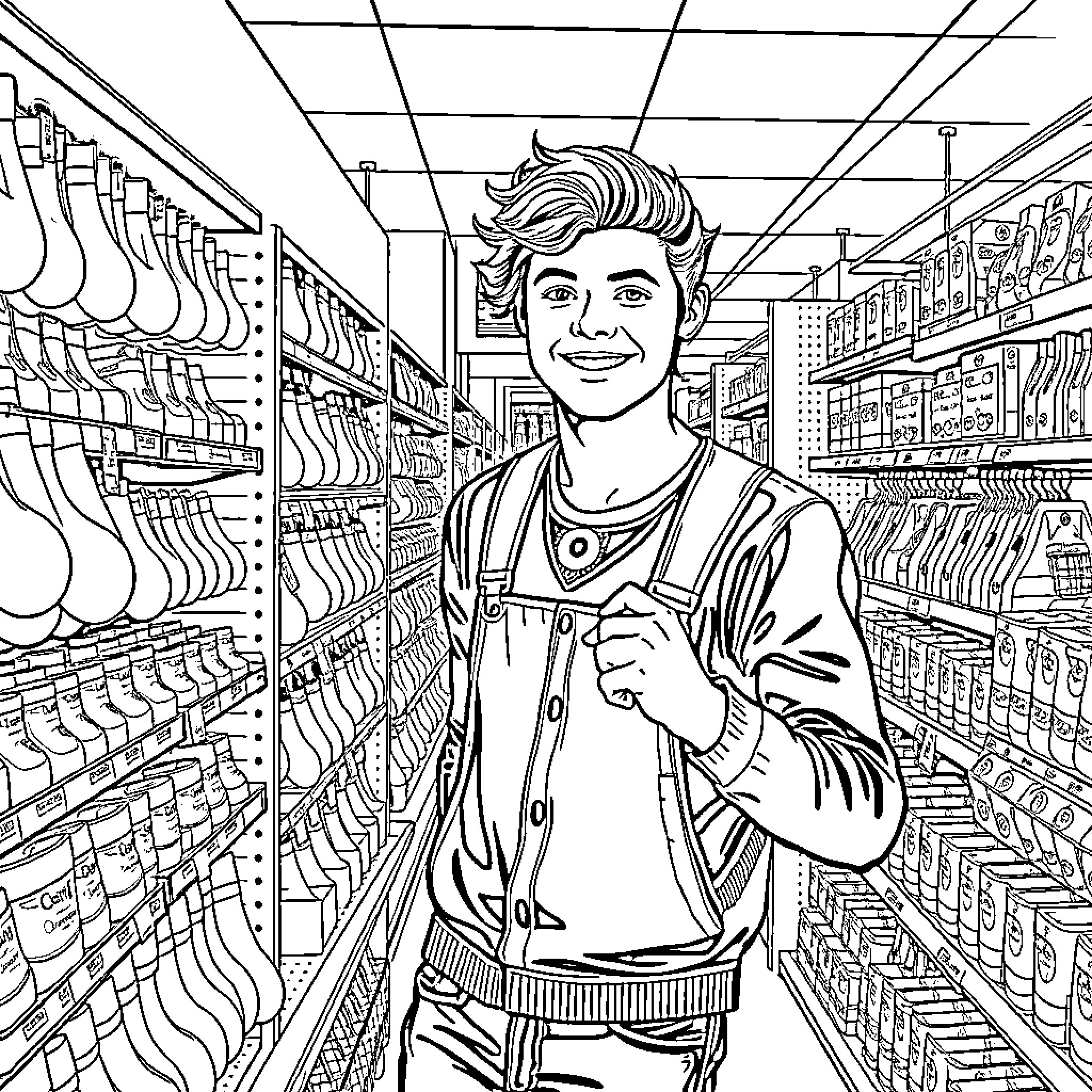 Harry Styles shopping happily in a grocery store Coloring Page (free black-and-white line drawing printable PDF for all, from beginners to advanced learners, including children, teens, adults, and seniors)