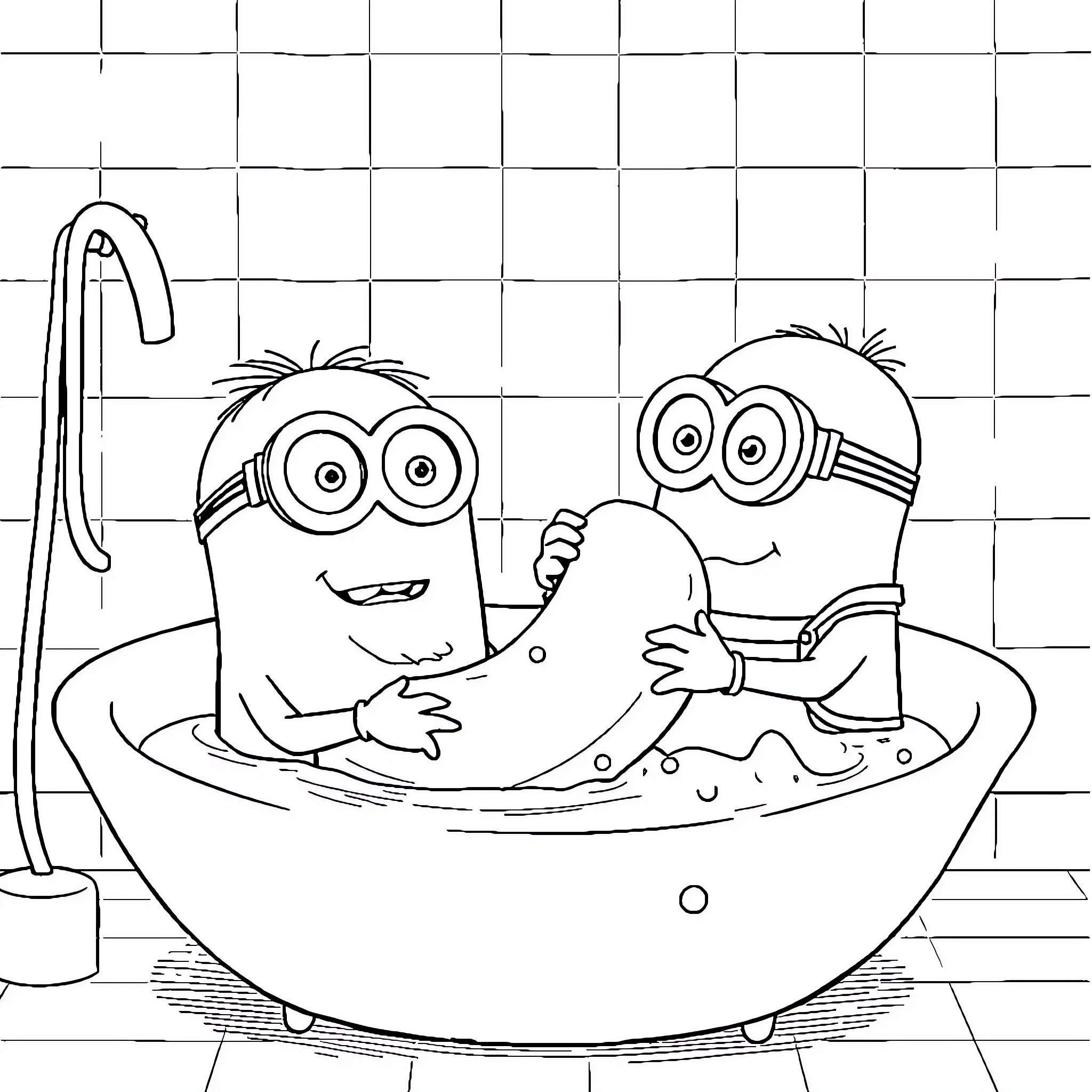 Minions Enjoying a Relaxing Bath Coloring Page (free black-and-white line drawing printable PDF for all, from beginners to advanced learners, including children, teens, adults, and seniors)