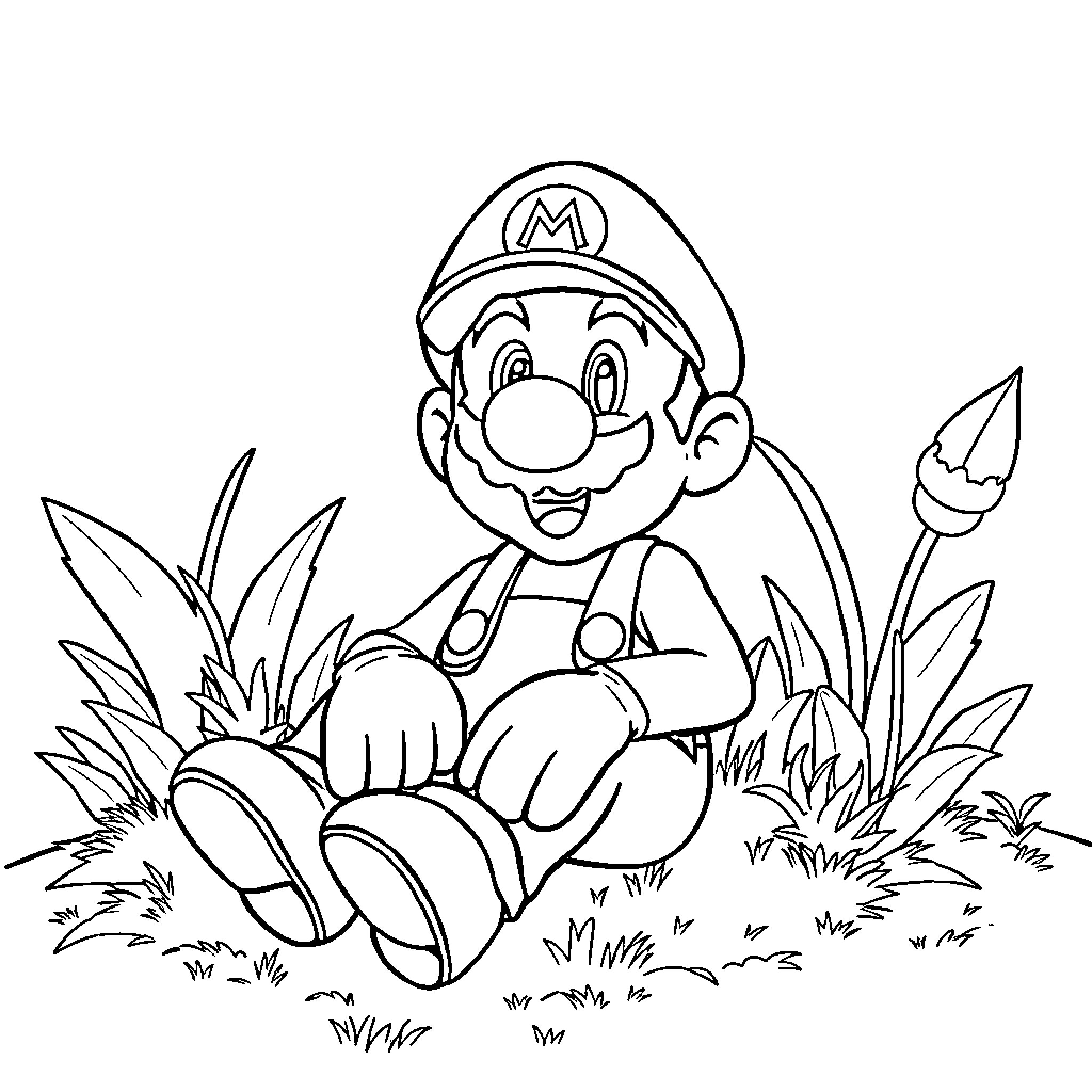 Mario exploring the lush greenery Coloring Page (free black-and-white line drawing printable PDF for all, from beginners to advanced learners, including children, teens, adults, and seniors)