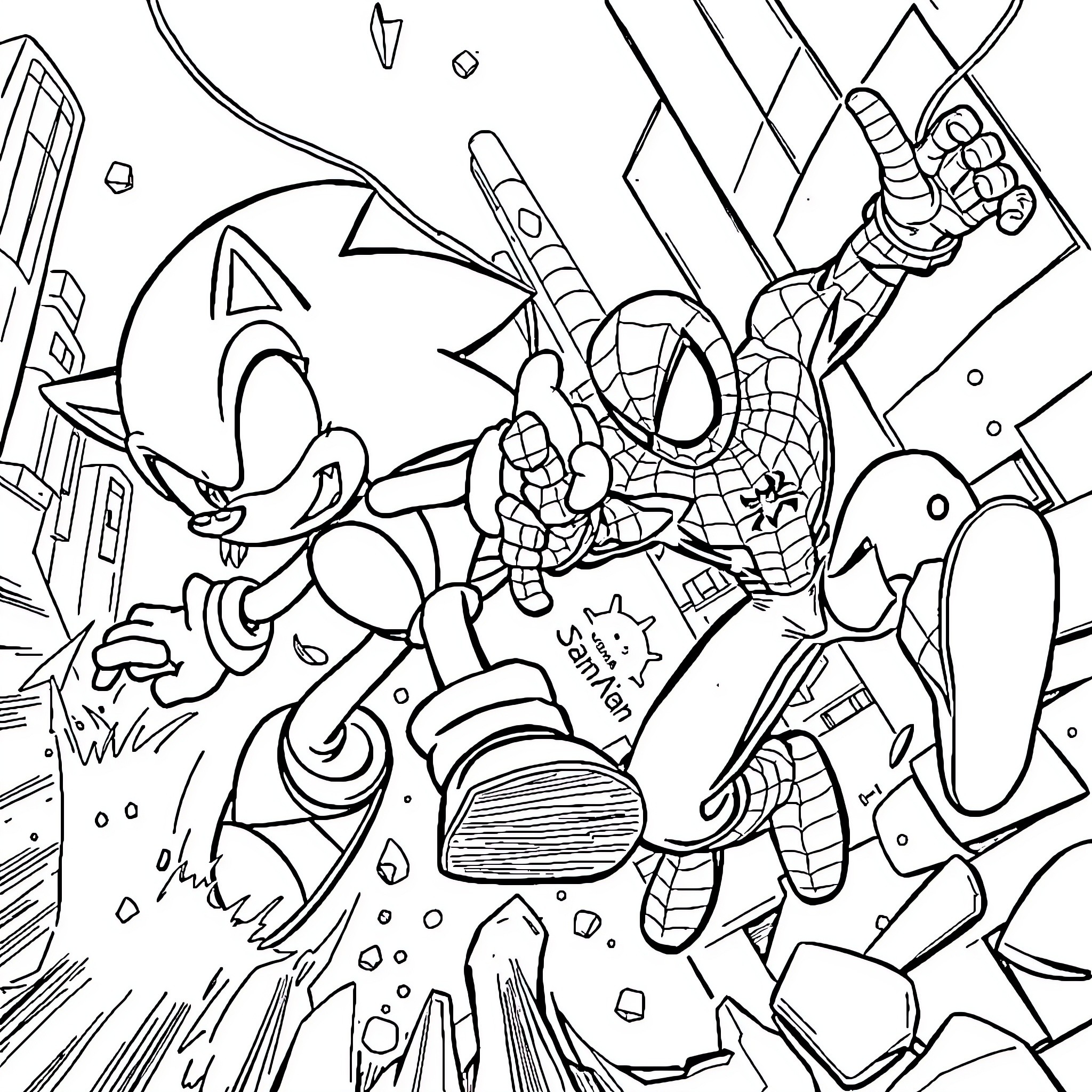 Sonic and Spider-Man Engaging in Heroic Action Coloring Page (free black-and-white line drawing printable PDF for all, from beginners to advanced learners, including children, teens, adults, and seniors)
