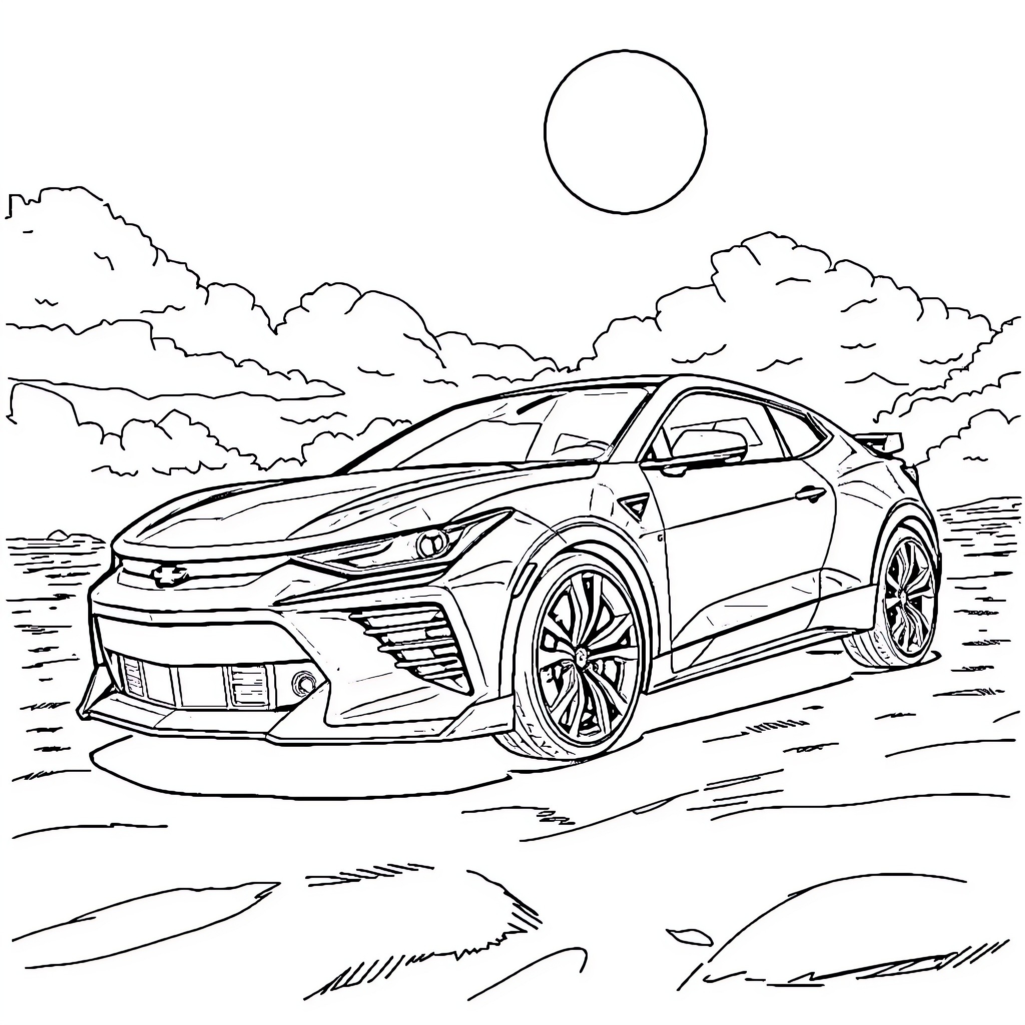 Camaro speeding through the countryside Coloring Page (free black-and-white line drawing printable PDF for all, from beginners to advanced learners, including children, teens, adults, and seniors)