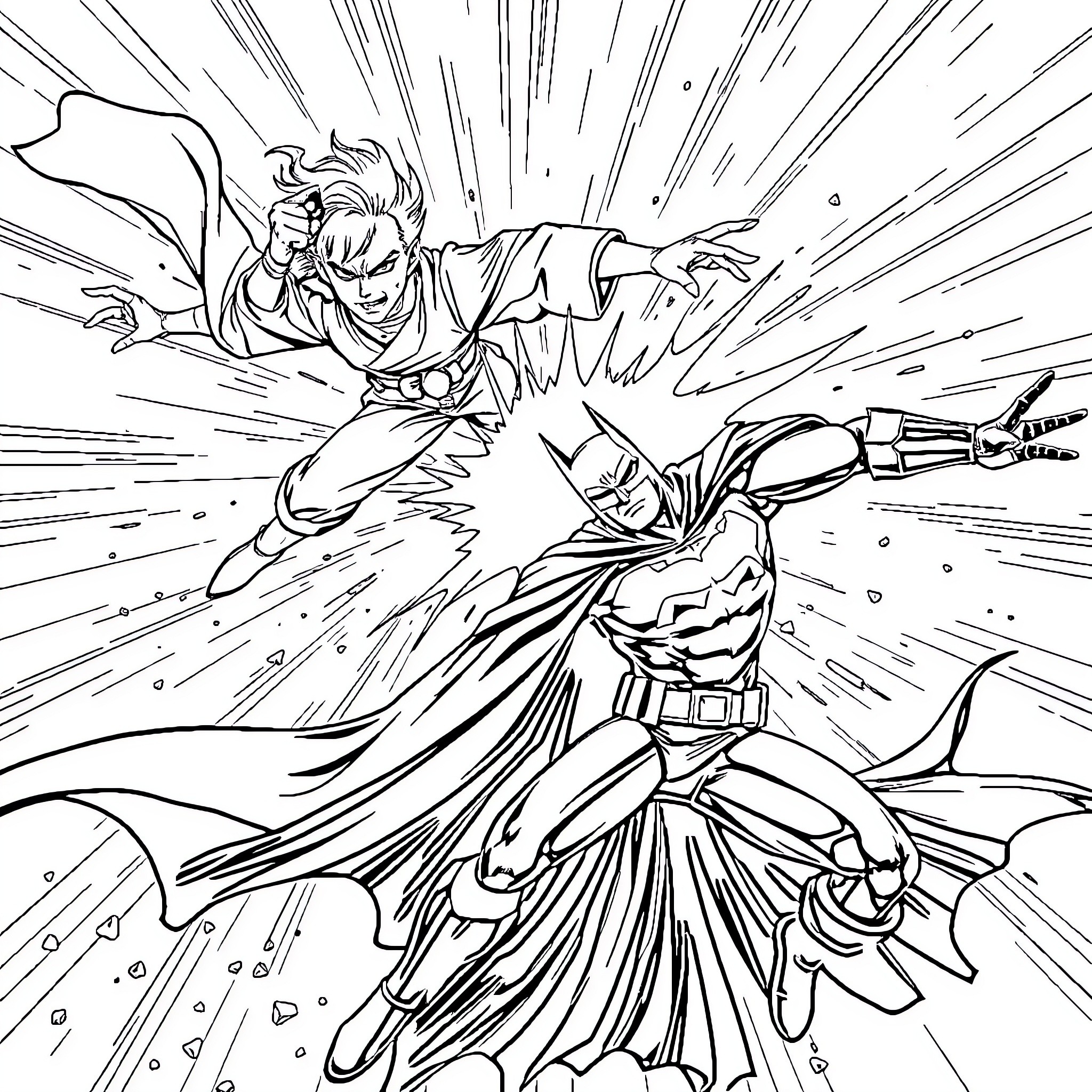 Batman's Dynamic Clash with Villainous Adversary Coloring Page (free black-and-white line drawing printable PDF for all, from beginners to advanced learners, including children, teens, adults, and seniors)