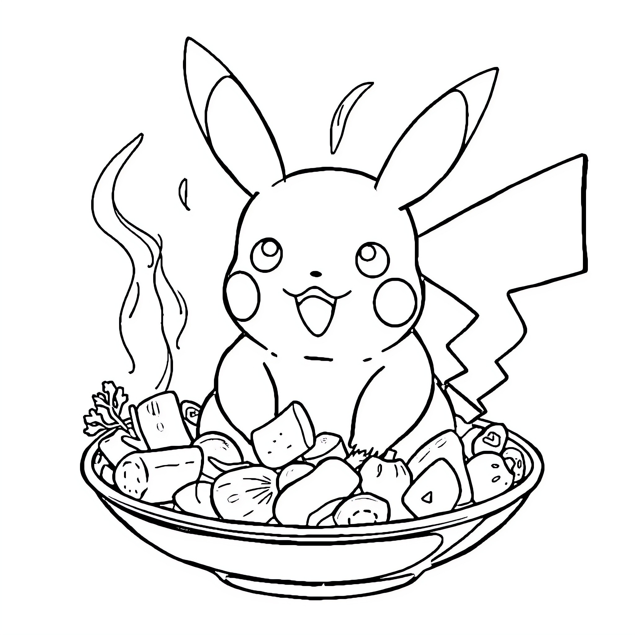Pikachu enjoying a snack in a bowl Coloring Page (free black-and-white line drawing printable PDF for all, from beginners to advanced learners, including children, teens, adults, and seniors)