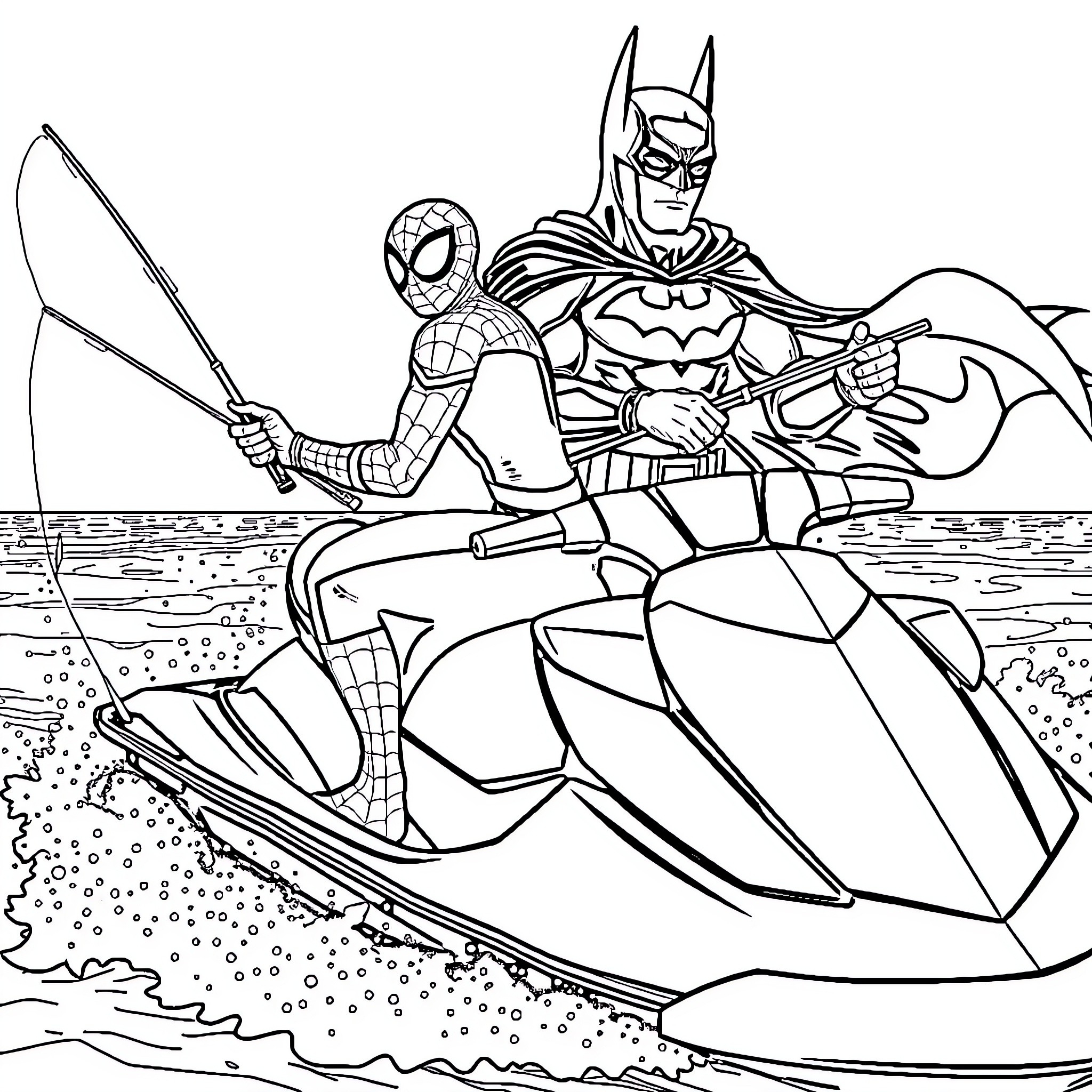 Spiderman and Batman riding a jet ski together Coloring Page (free black-and-white line drawing printable PDF for all, from beginners to advanced learners, including children, teens, adults, and seniors)