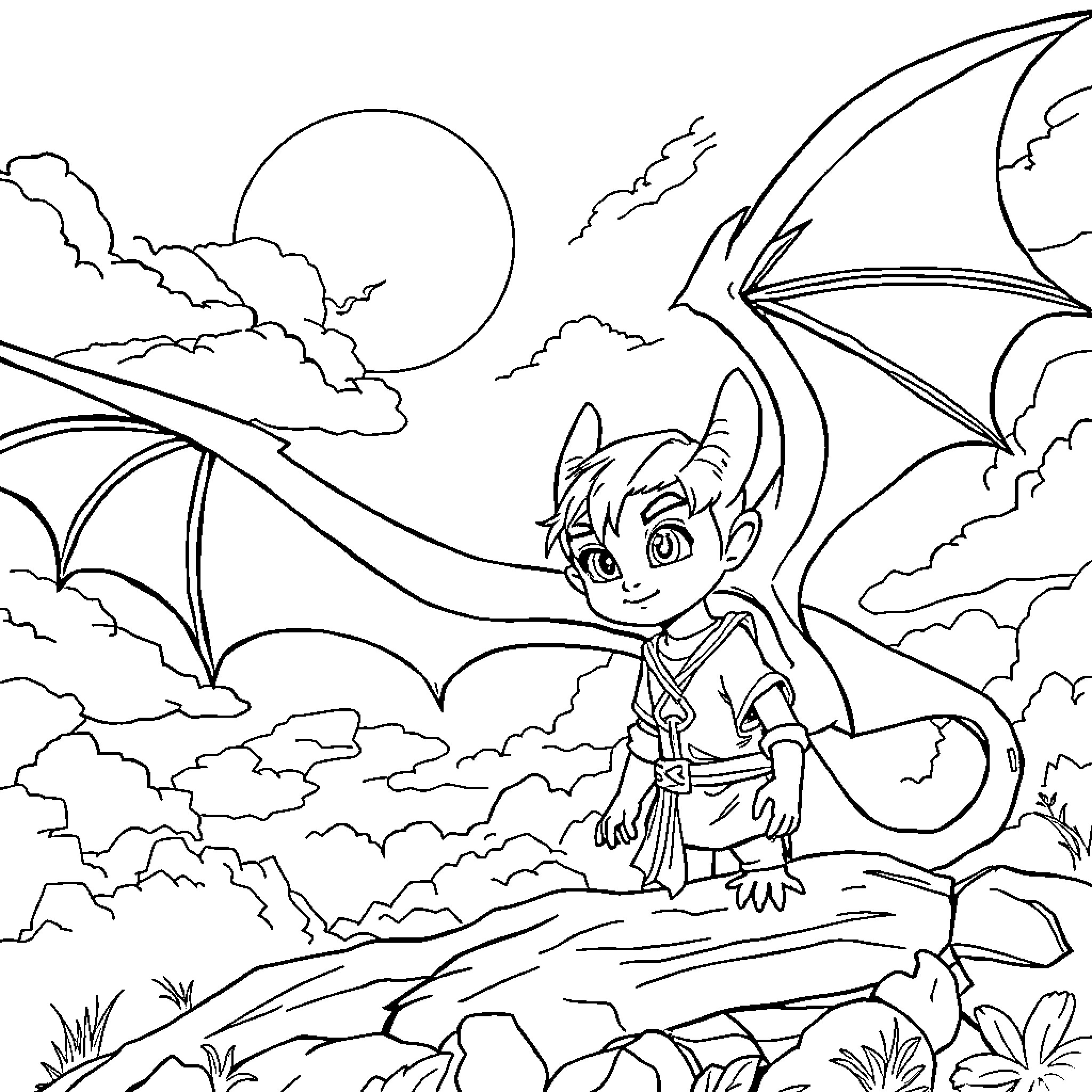 Dragon Warrior Exploring the Enchanted Landscape Coloring Page (free black-and-white line drawing printable PDF for all, from beginners to advanced learners, including children, teens, adults, and seniors)