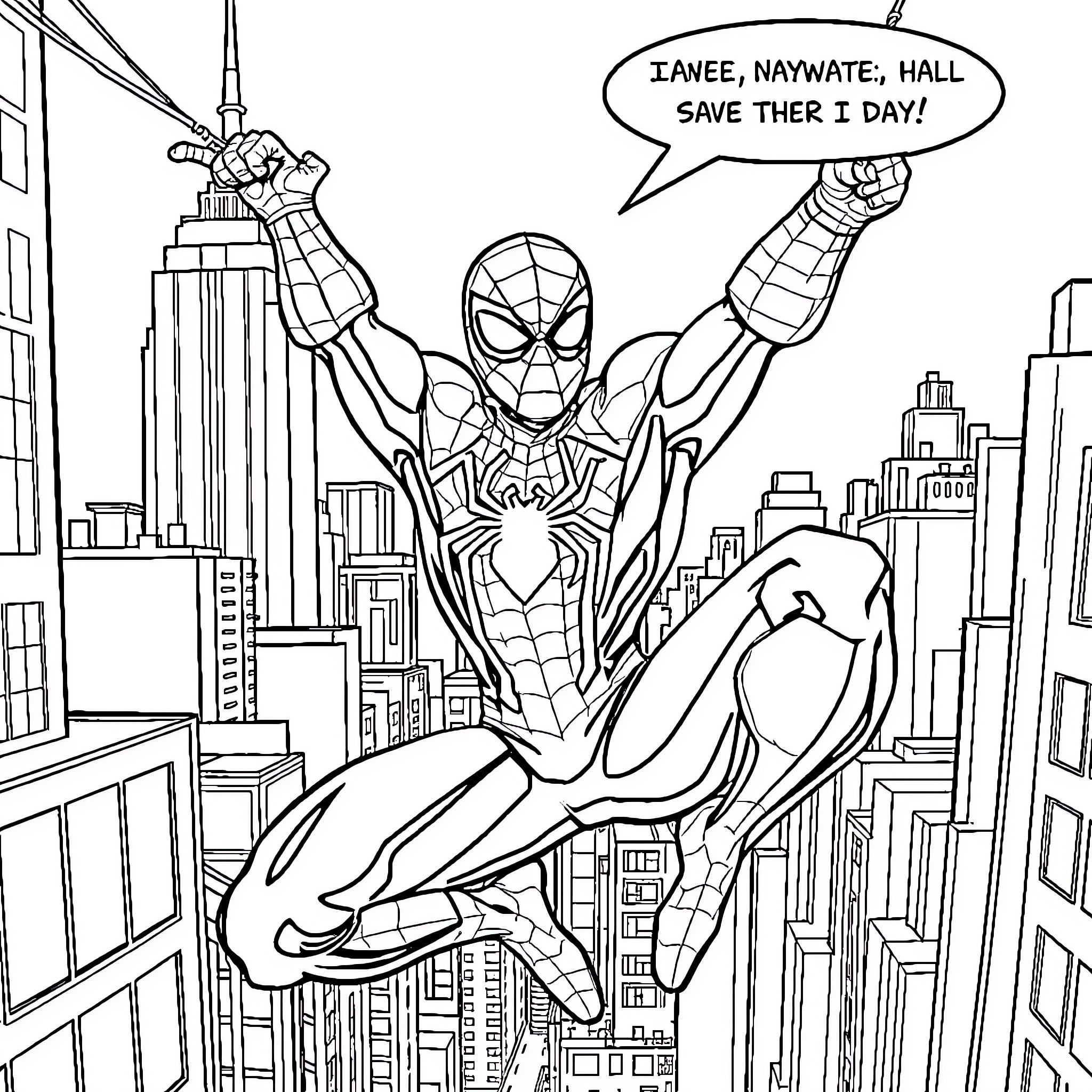 Spider-Man swinging through the city, ready to save the day Coloring Page (free black-and-white line drawing printable PDF for all, from beginners to advanced learners, including children, teens, adults, and seniors)