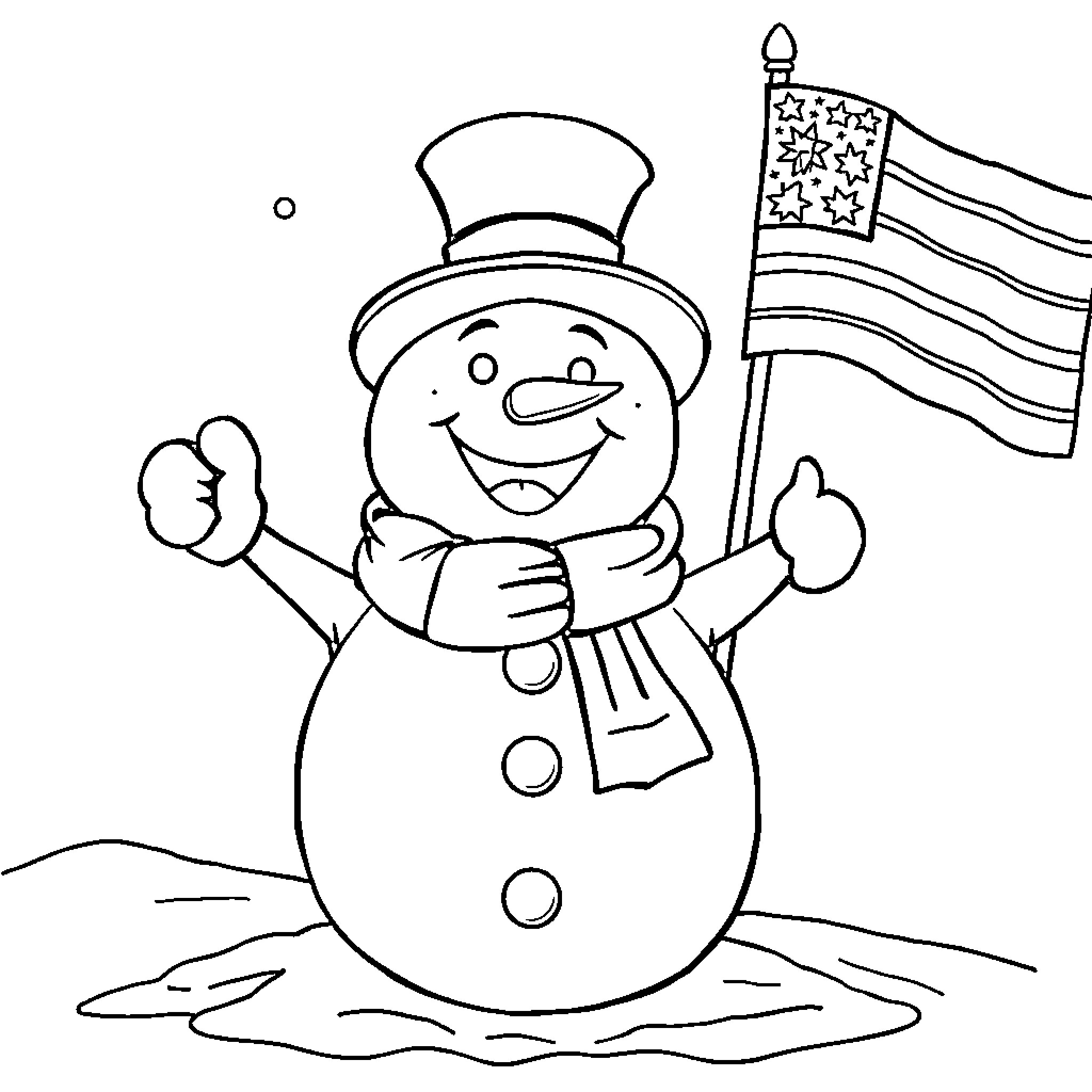 Snowman celebrating with American flag Coloring Page (free black-and-white line drawing printable PDF for all, from beginners to advanced learners, including children, teens, adults, and seniors)