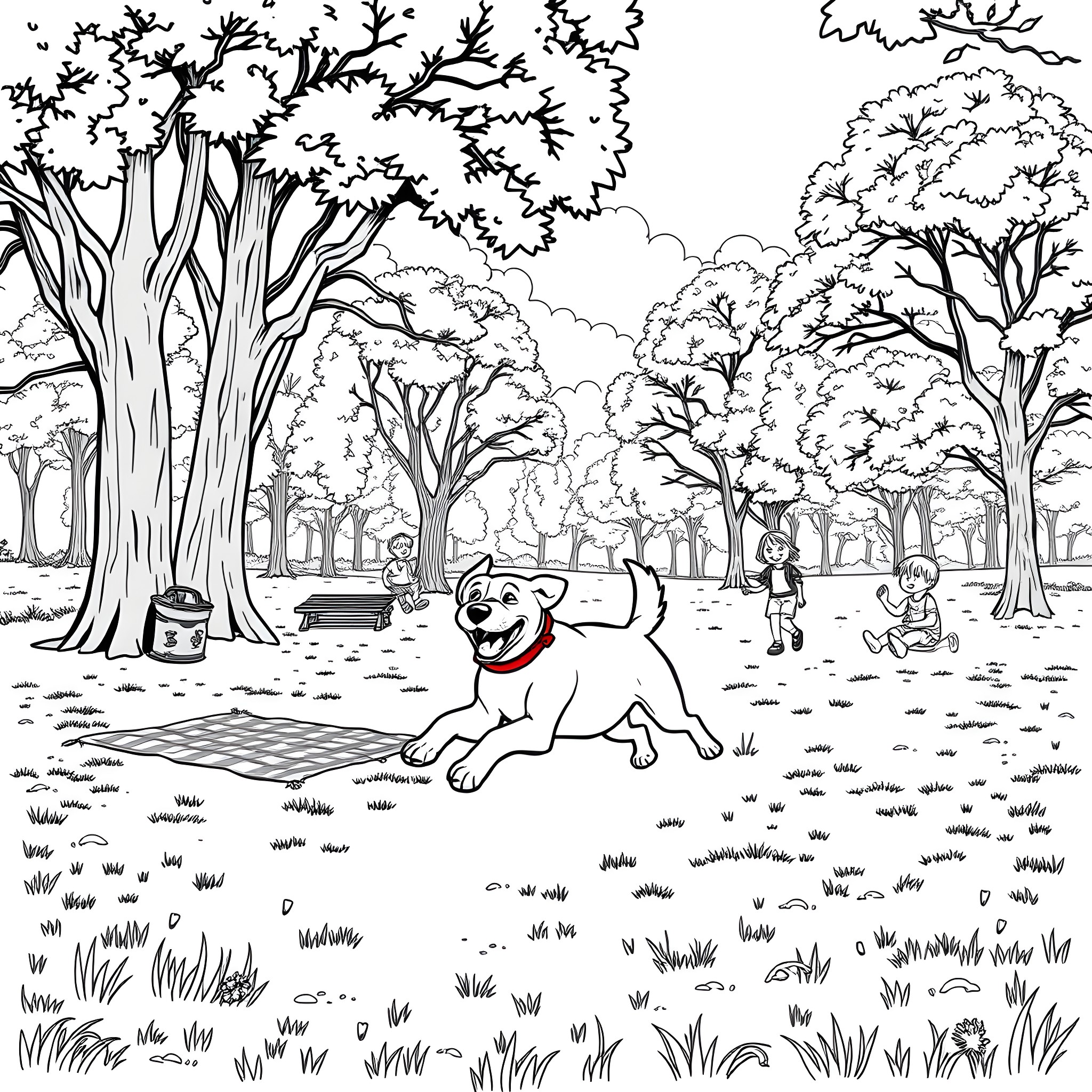 Dog playing joyfully in a park with people Coloring Page (free black-and-white line drawing printable PDF for all, from beginners to advanced learners, including children, teens, adults, and seniors)
