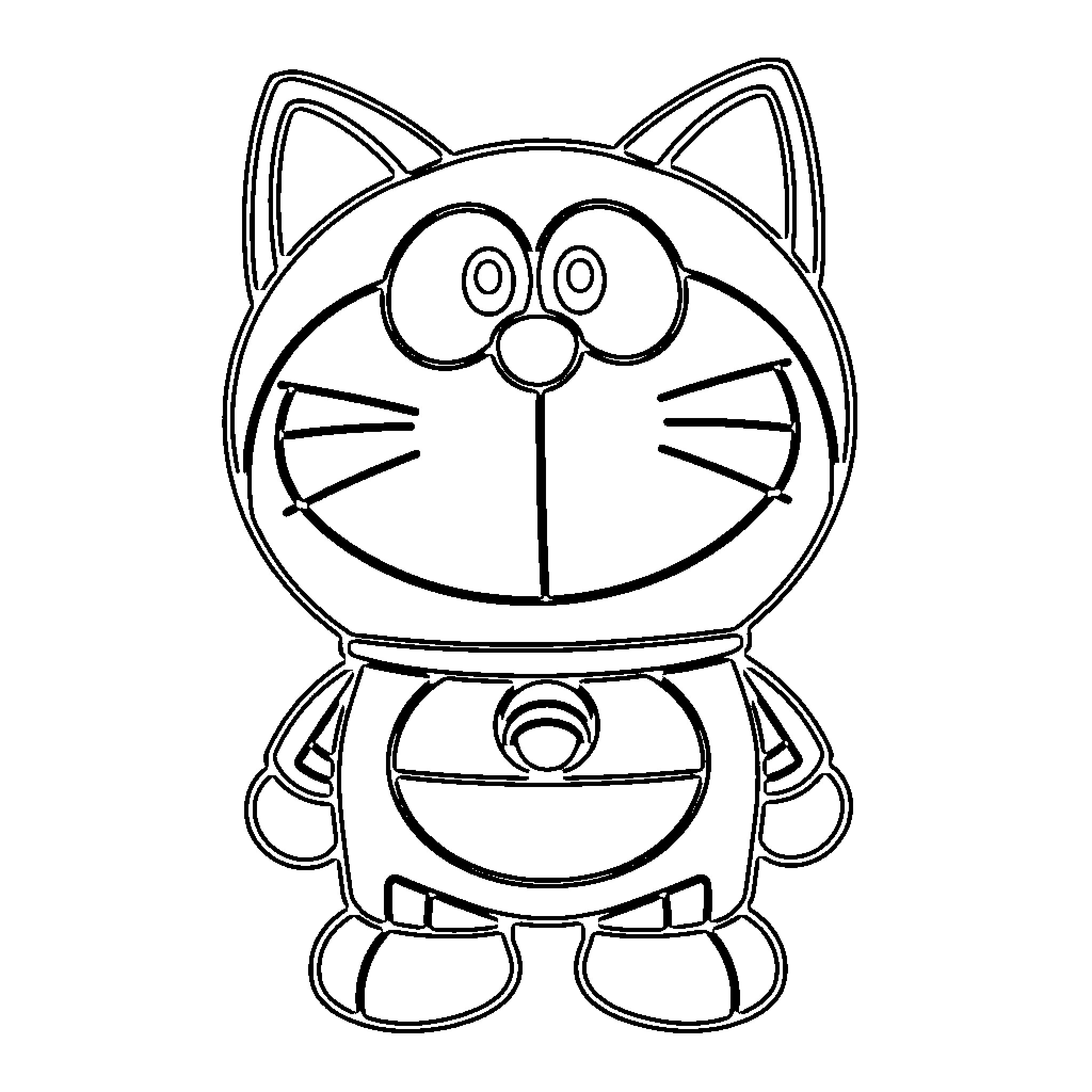Doremon, the Cheerful Robotic Cat Coloring Page (free black-and-white line drawing printable PDF for all, from beginners to advanced learners, including children, teens, adults, and seniors)