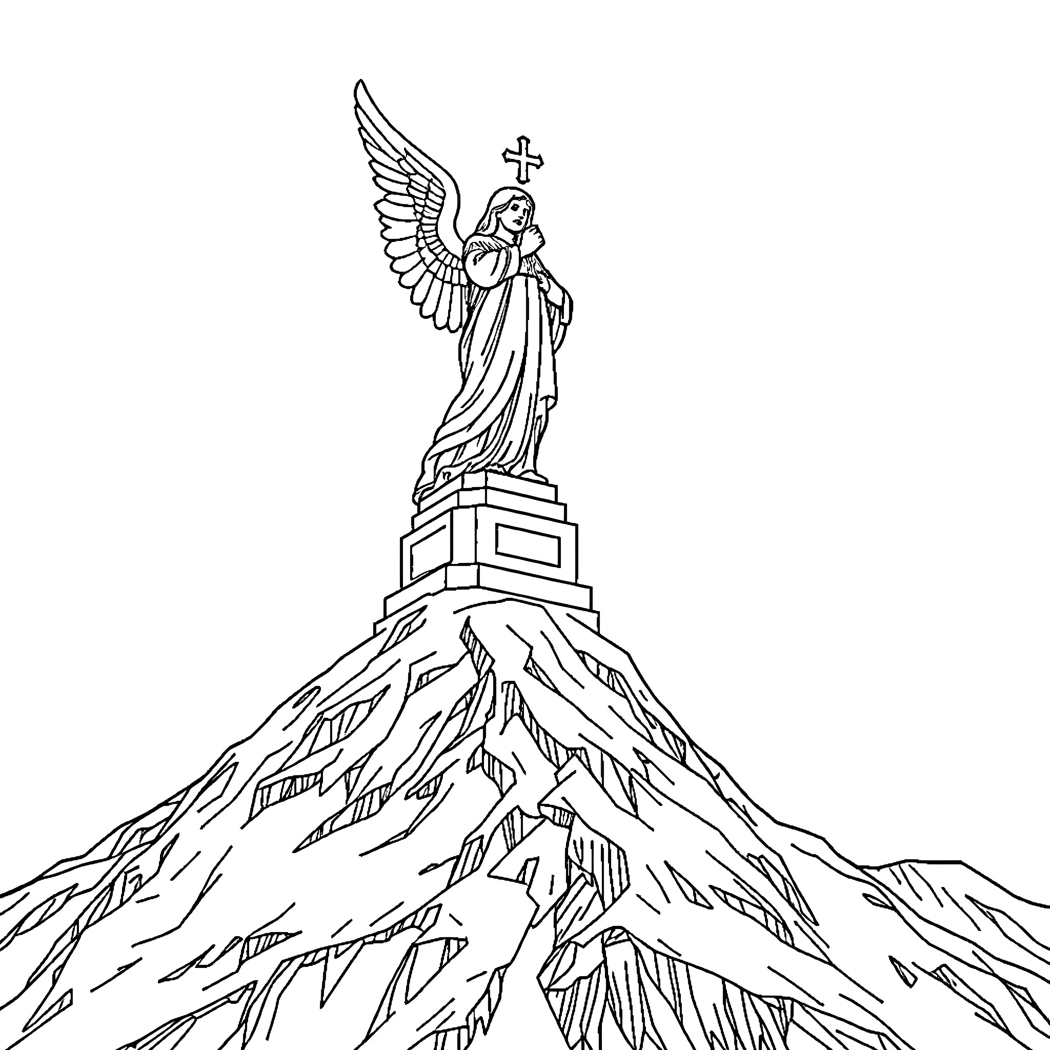 Angel standing atop a majestic mountain Coloring Page (free black-and-white line drawing printable PDF for all, from beginners to advanced learners, including children, teens, adults, and seniors)