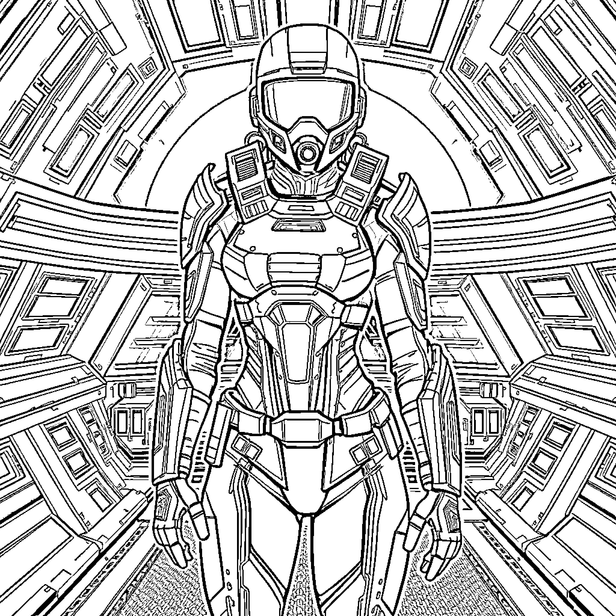 Commander Shepard in Futuristic Armored Suit Coloring Page (free black-and-white line drawing printable PDF for all, from beginners to advanced learners, including children, teens, adults, and seniors)