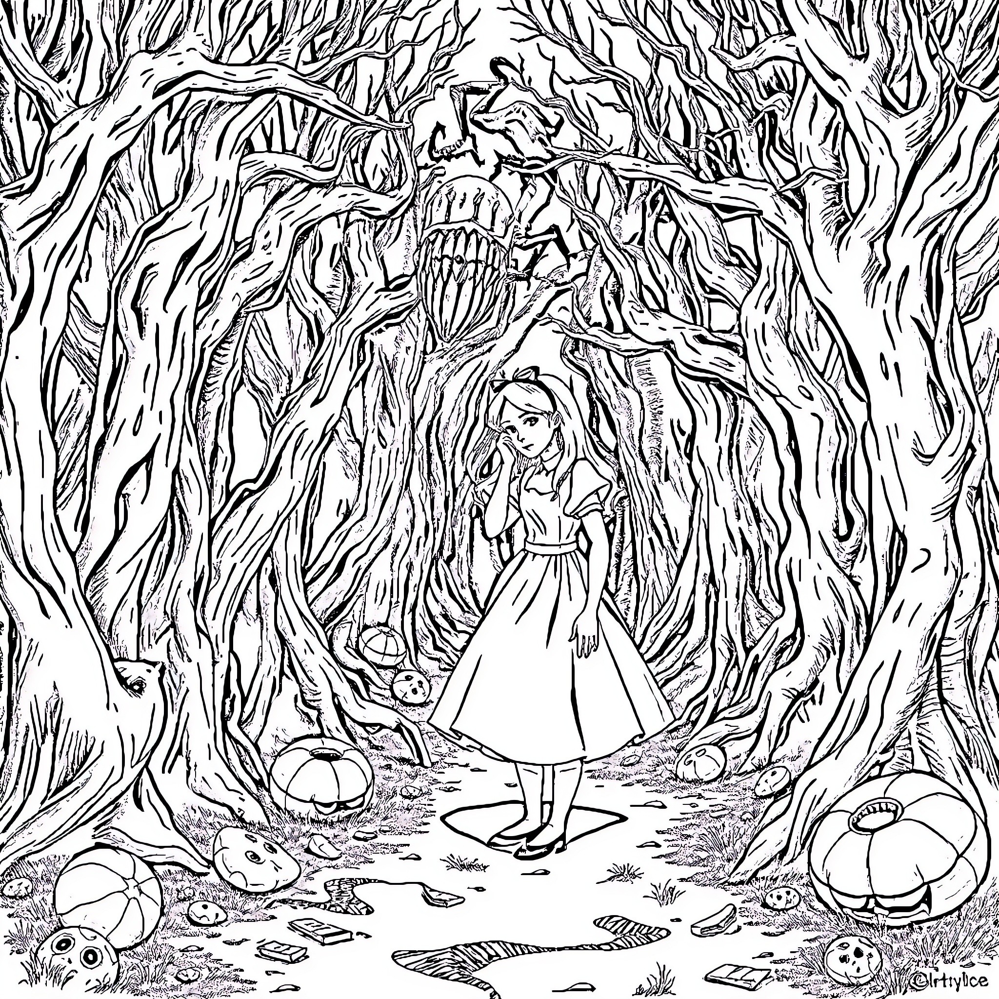 Alice's Surreal Woodland Adventure Coloring Page (free black-and-white line drawing printable PDF for all, from beginners to advanced learners, including children, teens, adults, and seniors)