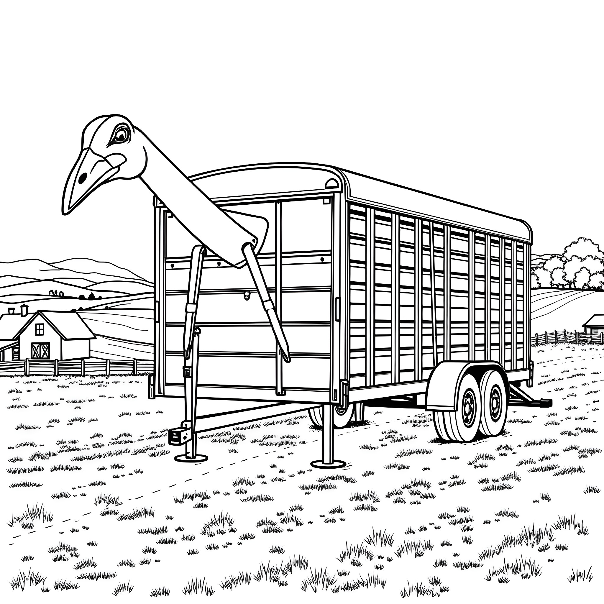 Gooseneck Trailer Transporting Livestock in the Countryside Coloring Page (free black-and-white line drawing printable PDF for all, from beginners to advanced learners, including children, teens, adults, and seniors)