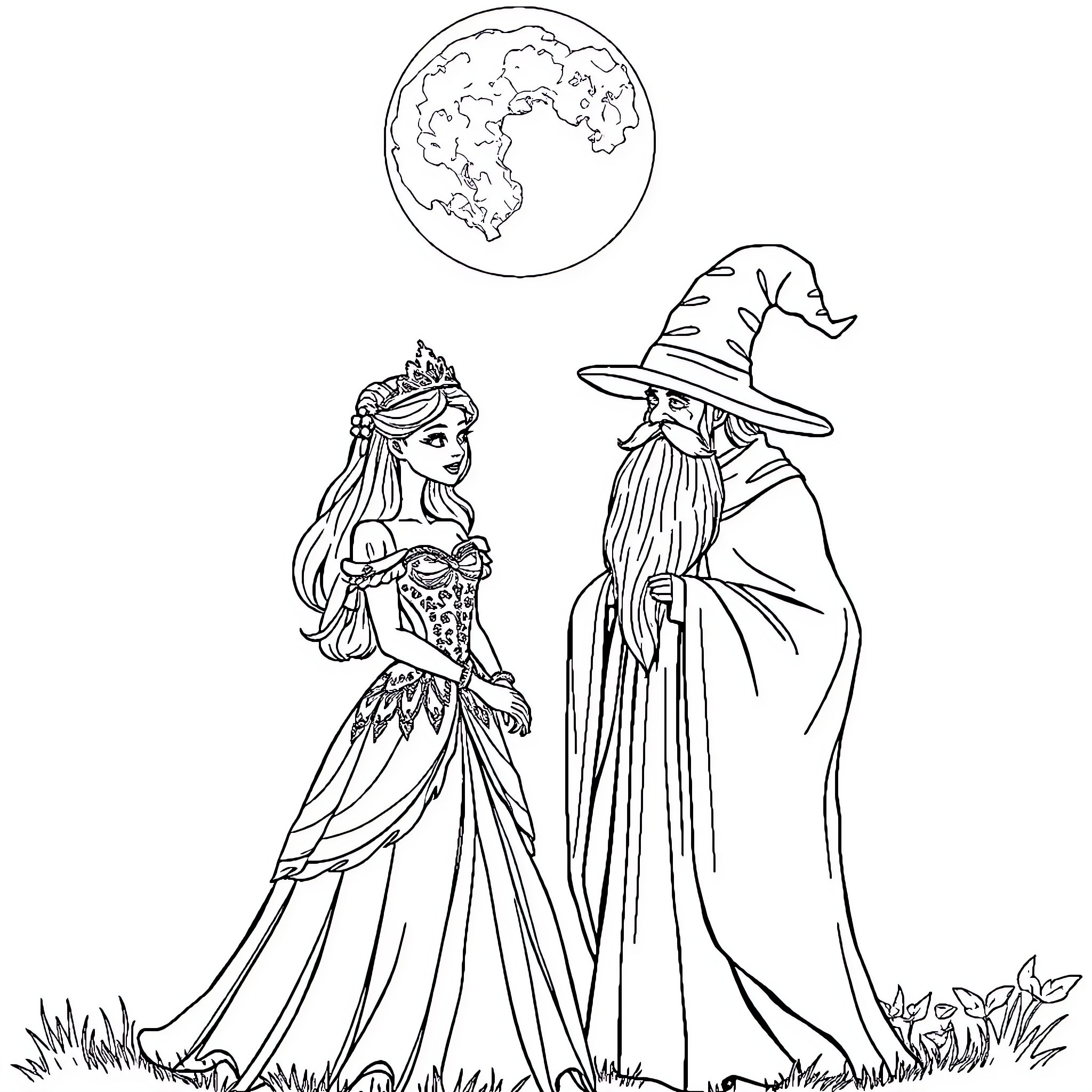 Princess and Wizard in Ornate Attire Coloring Page (free black-and-white line drawing printable PDF for all, from beginners to advanced learners, including children, teens, adults, and seniors)