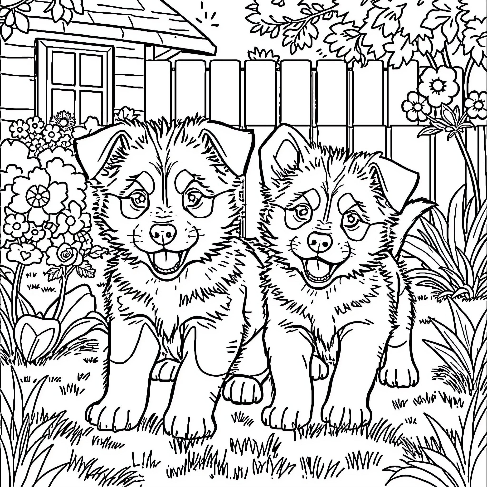 Bluey and friends explore the garden Coloring Page (free black-and-white line drawing printable PDF for all, from beginners to advanced learners, including children, teens, adults, and seniors)