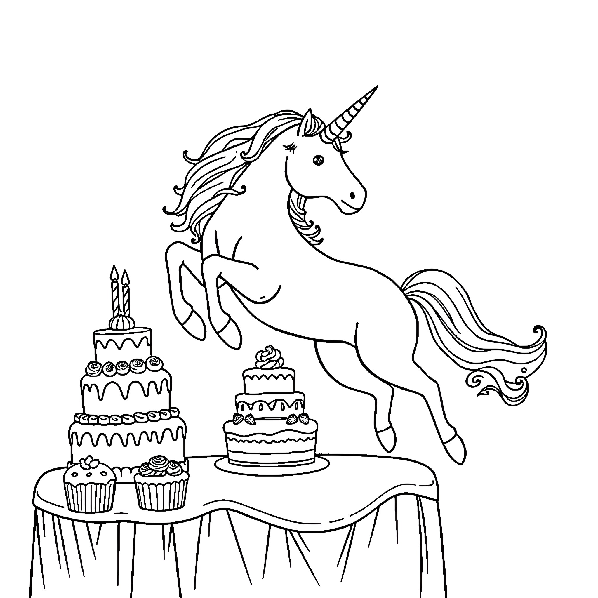 Unicorn celebrating birthday with cakes and treats Coloring Page (free black-and-white line drawing printable PDF for all, from beginners to advanced learners, including children, teens, adults, and seniors)
