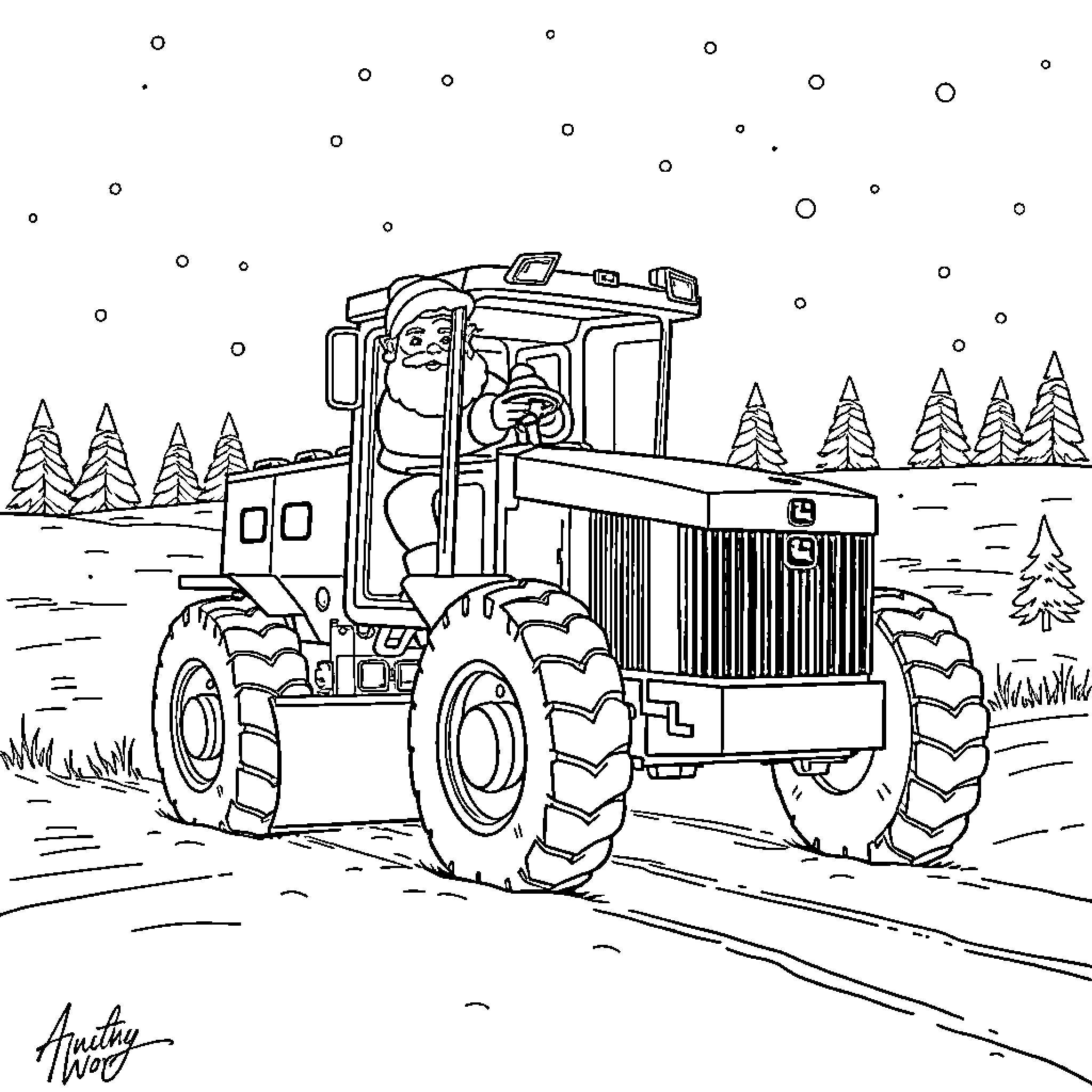 Santa driving a jolly tractor through snowy landscape Coloring Page (free black-and-white line drawing printable PDF for all, from beginners to advanced learners, including children, teens, adults, and seniors)