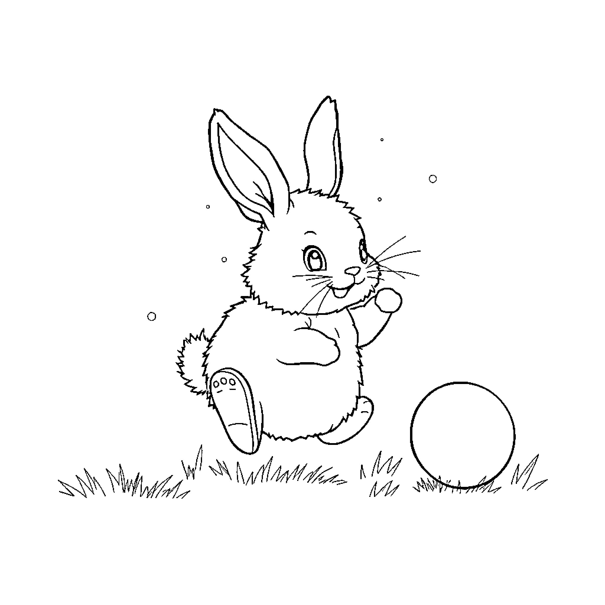 Rabbit Playing with Ball in Grass Coloring Page (free black-and-white line drawing printable PDF for all, from beginners to advanced learners, including children, teens, adults, and seniors)