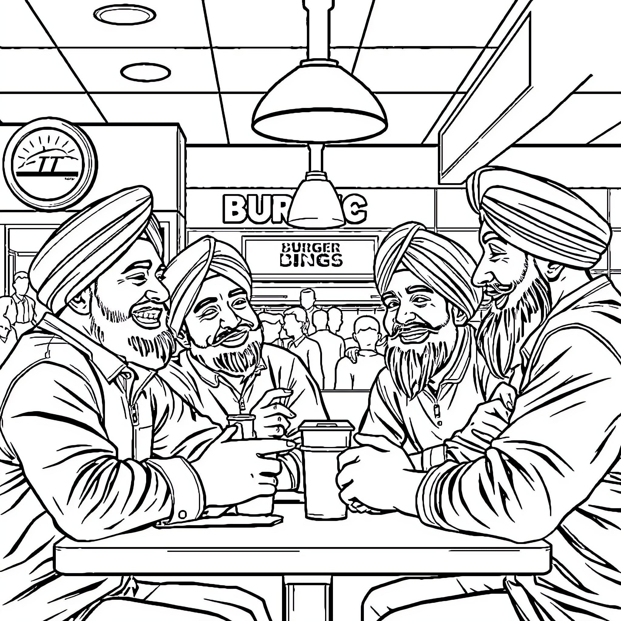 Guy Friends Enjoying Burger Chat at Diner Coloring Page (free black-and-white line drawing printable PDF for all, from beginners to advanced learners, including children, teens, adults, and seniors)