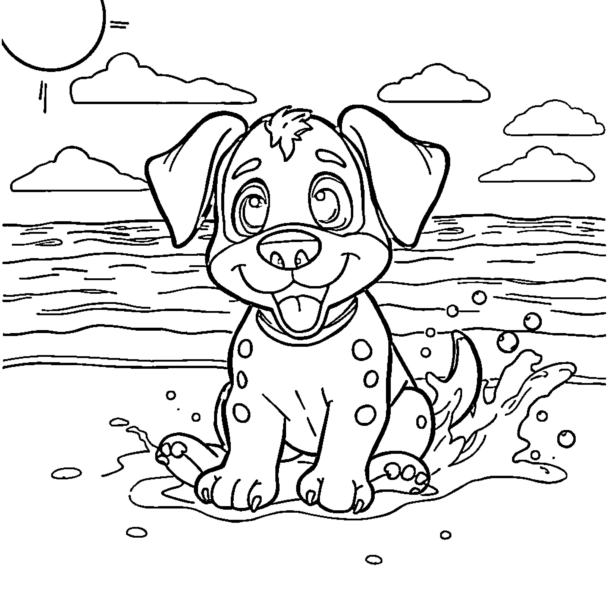 Boumba the playful puppy by the seaside Coloring Page (free black-and-white line drawing printable PDF for all, from beginners to advanced learners, including children, teens, adults, and seniors)
