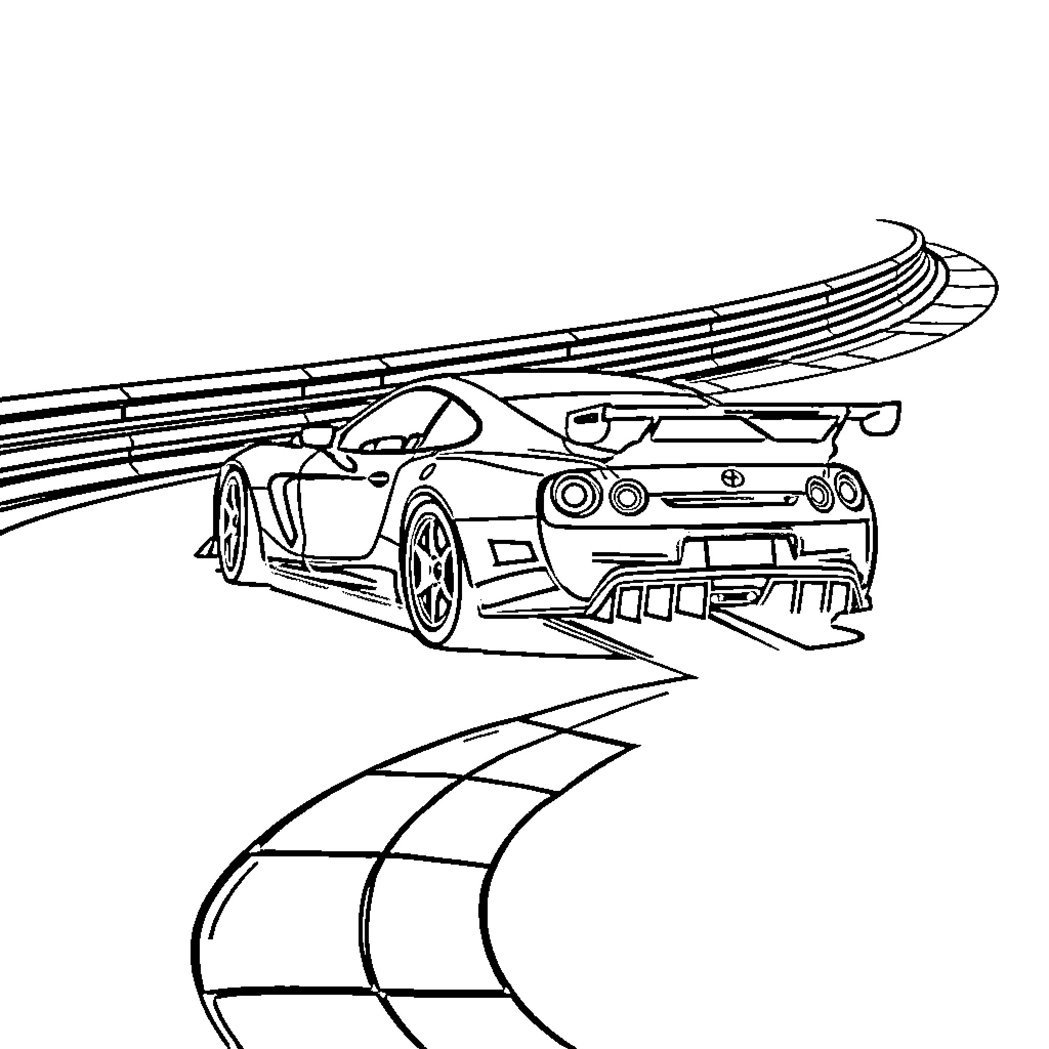 Car racing on curved road track Coloring Page (free black-and-white line drawing printable PDF for all, from beginners to advanced learners, including children, teens, adults, and seniors)