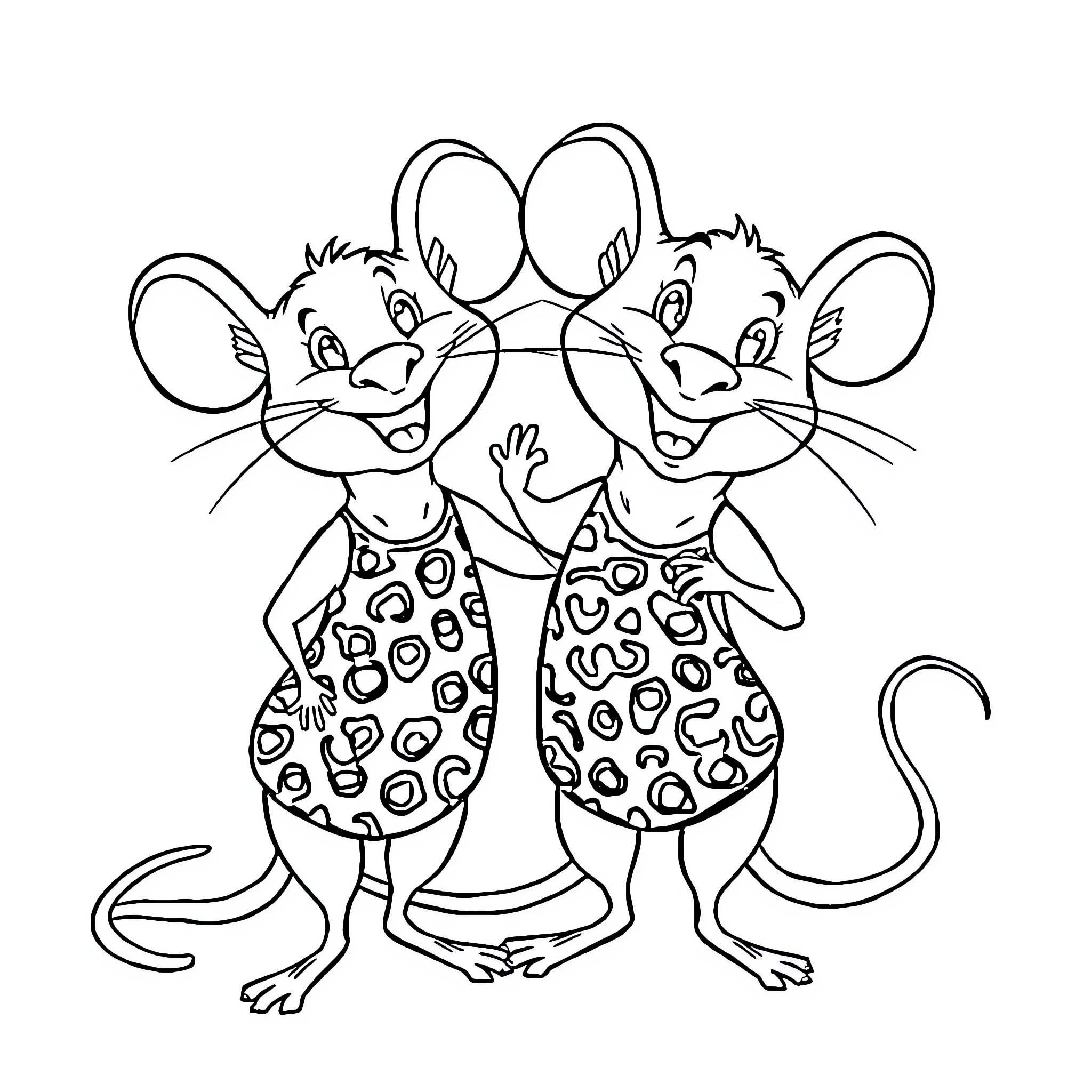 Rats in Polka Dot Outfits Expressing Joy Coloring Page (free black-and-white line drawing printable PDF for all, from beginners to advanced learners, including children, teens, adults, and seniors)