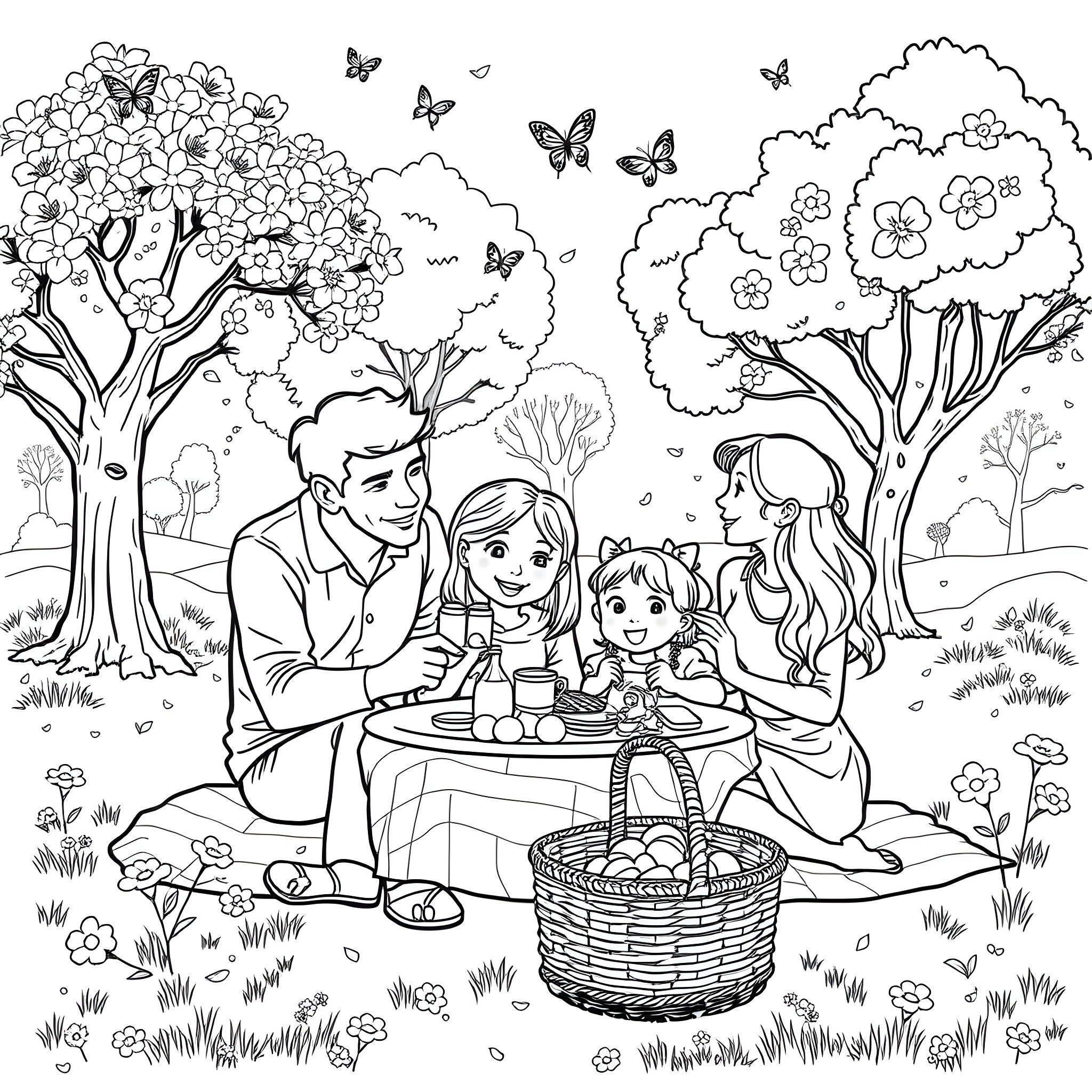 Family enjoying a picnic in a flowery park Coloring Page (free black-and-white line drawing printable PDF for all, from beginners to advanced learners, including children, teens, adults, and seniors)