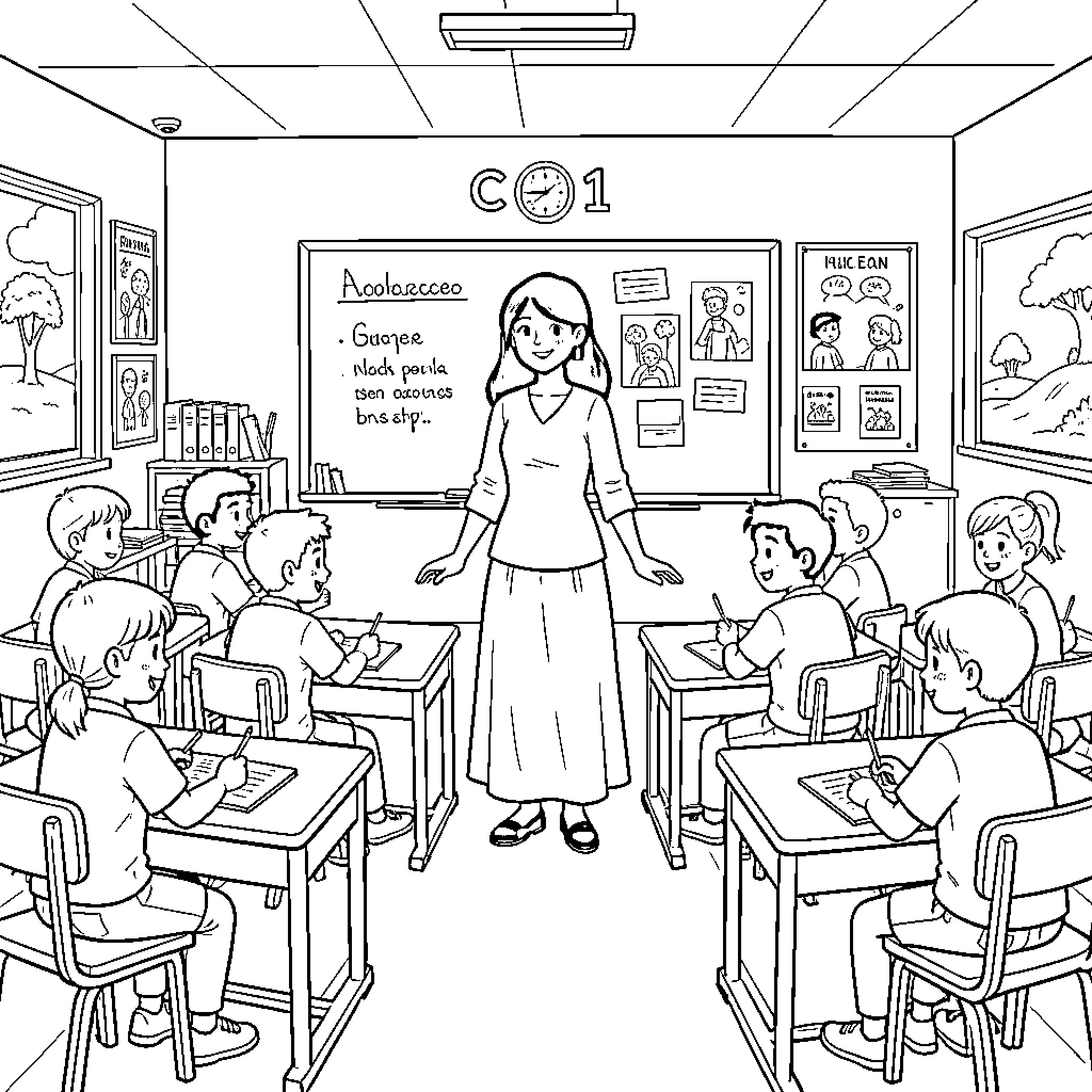 Teacher standing in front of students in classroom Coloring Page (free black-and-white line drawing printable PDF for all, from beginners to advanced learners, including children, teens, adults, and seniors)