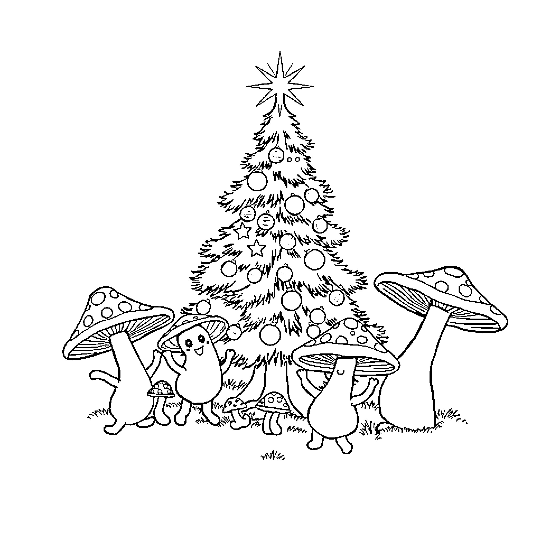 Mushroom friends celebrate the holiday season Coloring Page (free black-and-white line drawing printable PDF for all, from beginners to advanced learners, including children, teens, adults, and seniors)