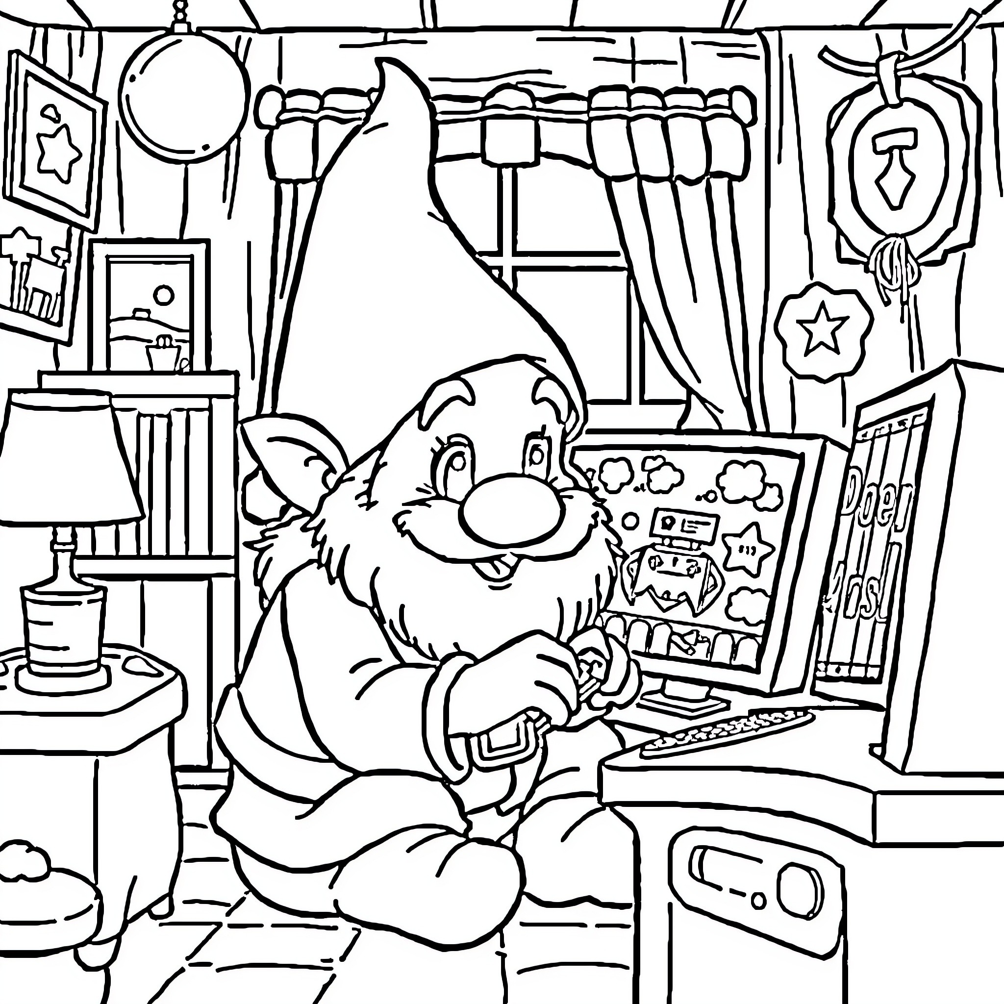 Dopey Gnome's Cozy Cottage Chaos Coloring Page (free black-and-white line drawing printable PDF for all, from beginners to advanced learners, including children, teens, adults, and seniors)