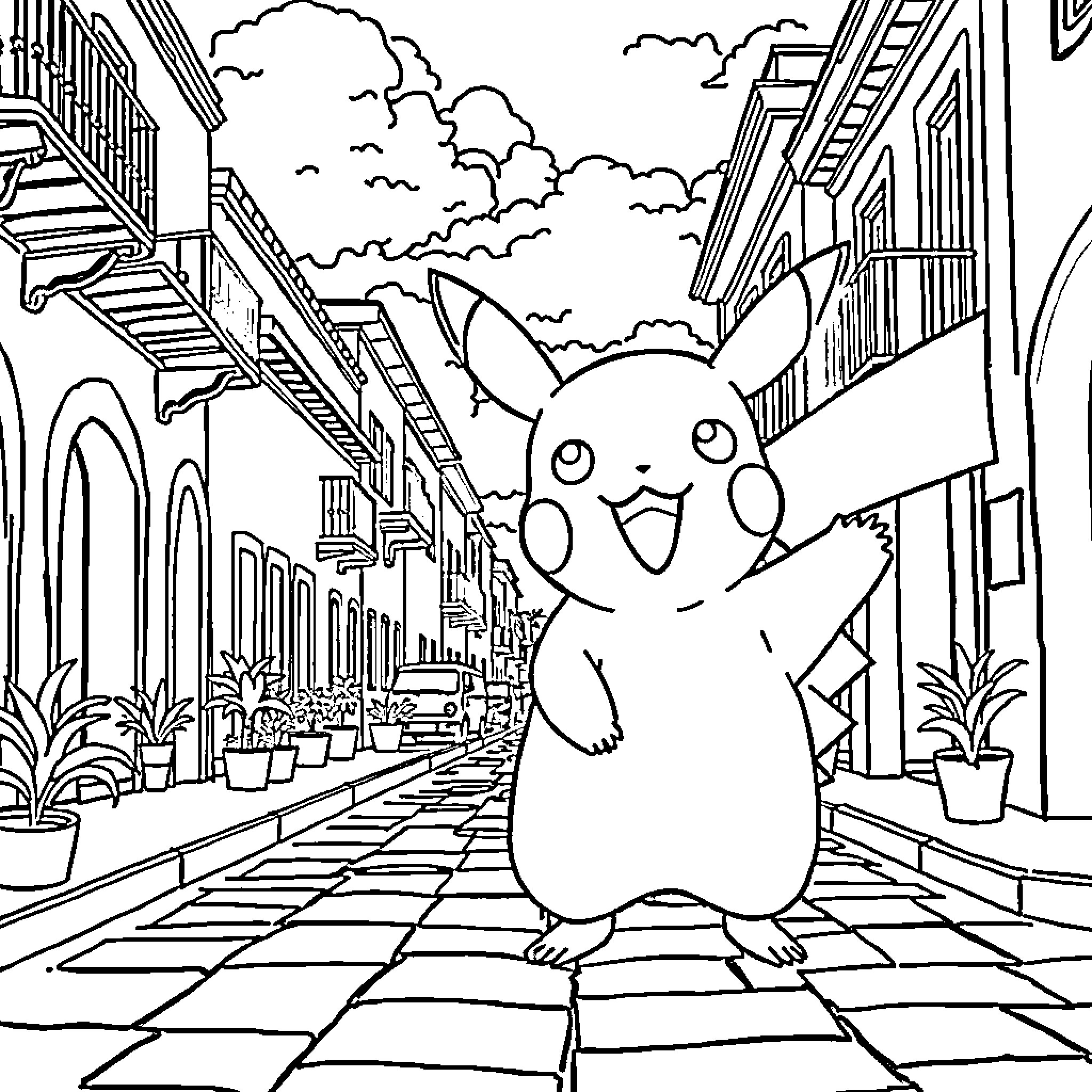 Pikachu exploring a vibrant city street Coloring Page (free black-and-white line drawing printable PDF for all, from beginners to advanced learners, including children, teens, adults, and seniors)