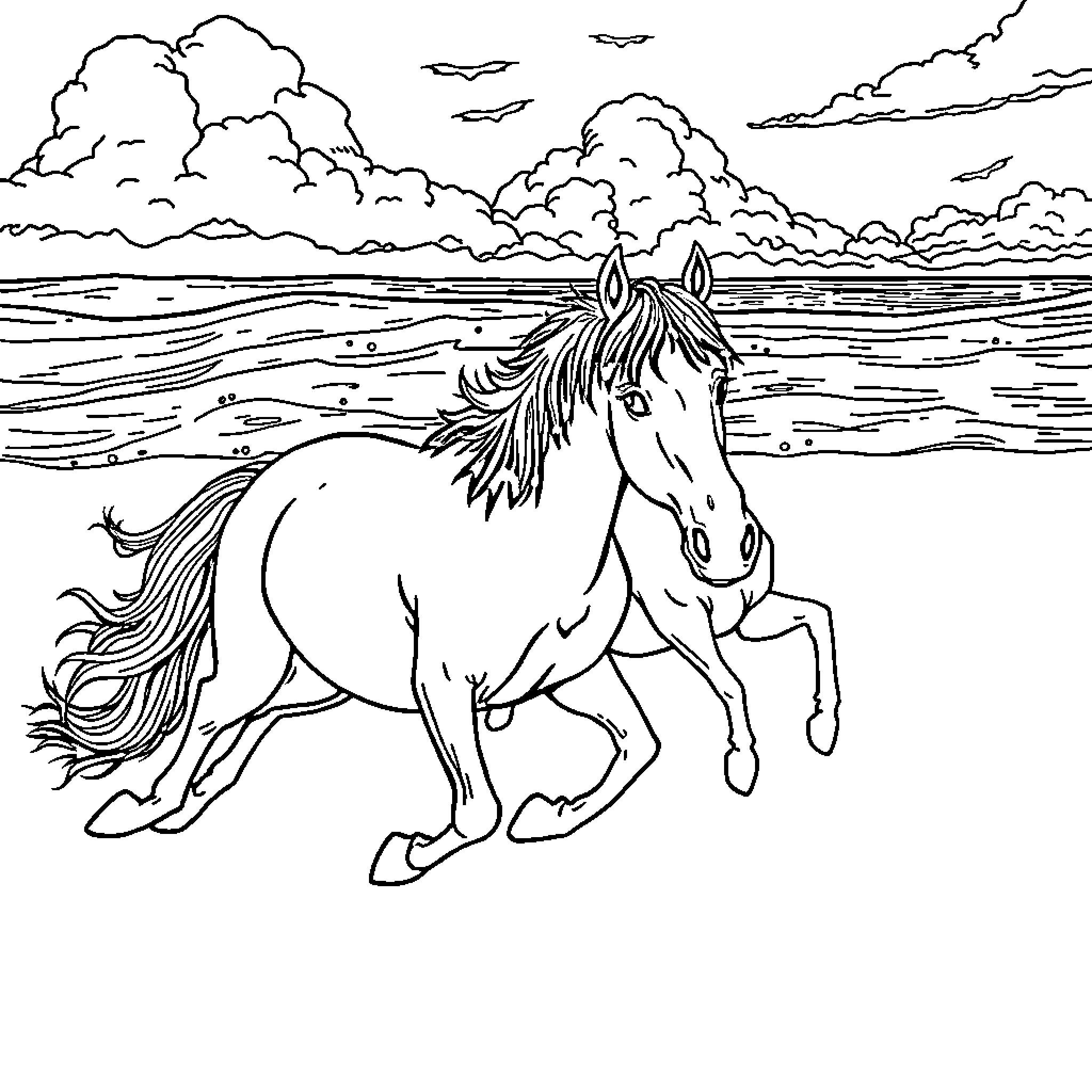 Horse galloping across scenic landscape Coloring Page (free black-and-white line drawing printable PDF for all, from beginners to advanced learners, including children, teens, adults, and seniors)