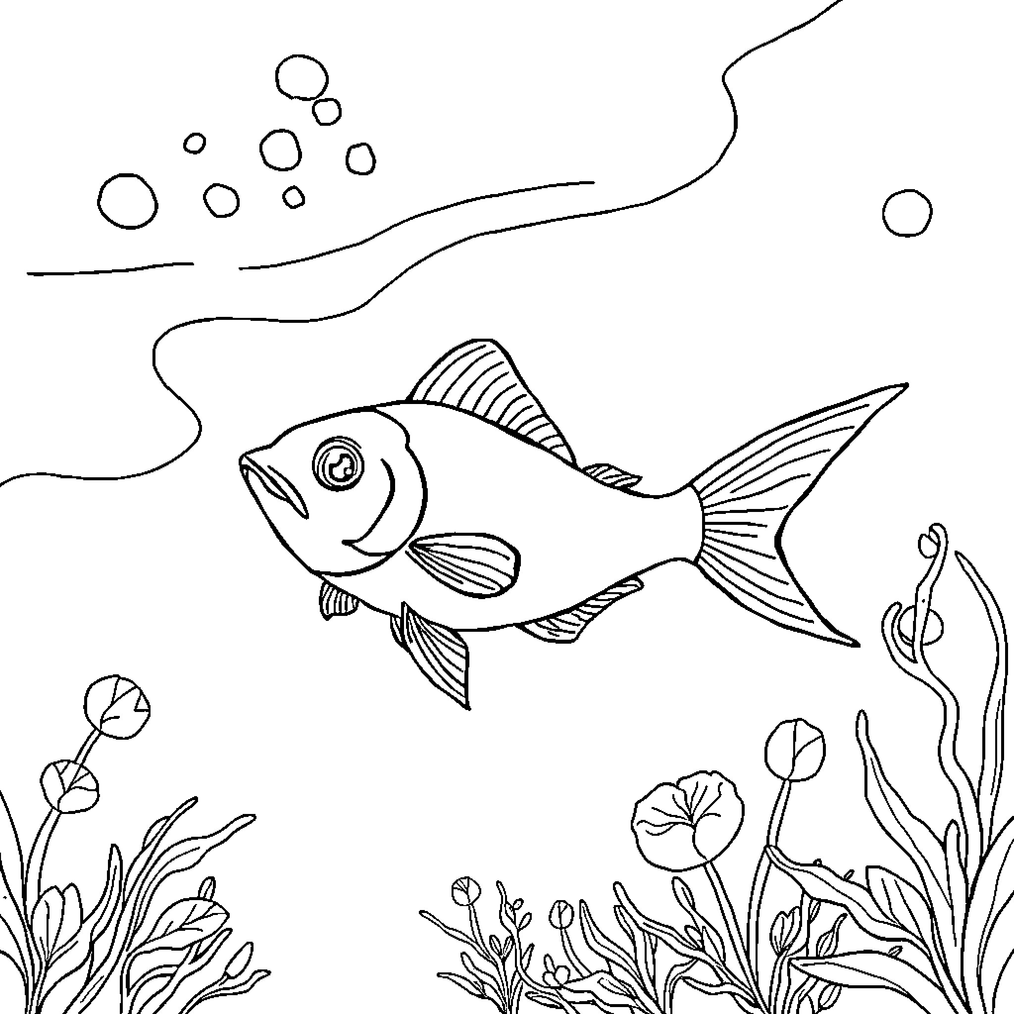 Fish swimming amidst underwater plants and bubbles Coloring Page (free black-and-white line drawing printable PDF for all, from beginners to advanced learners, including children, teens, adults, and seniors)
