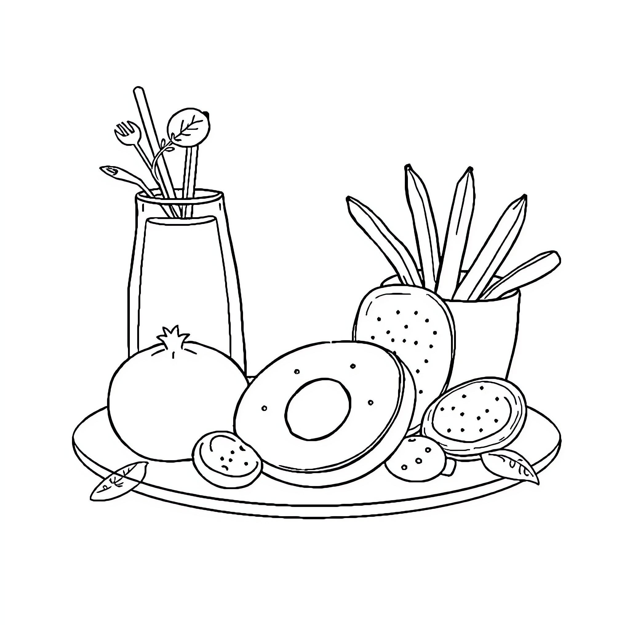 Assortment of vegetables and kitchen utensils Coloring Page (free black-and-white line drawing printable PDF for all, from beginners to advanced learners, including children, teens, adults, and seniors)