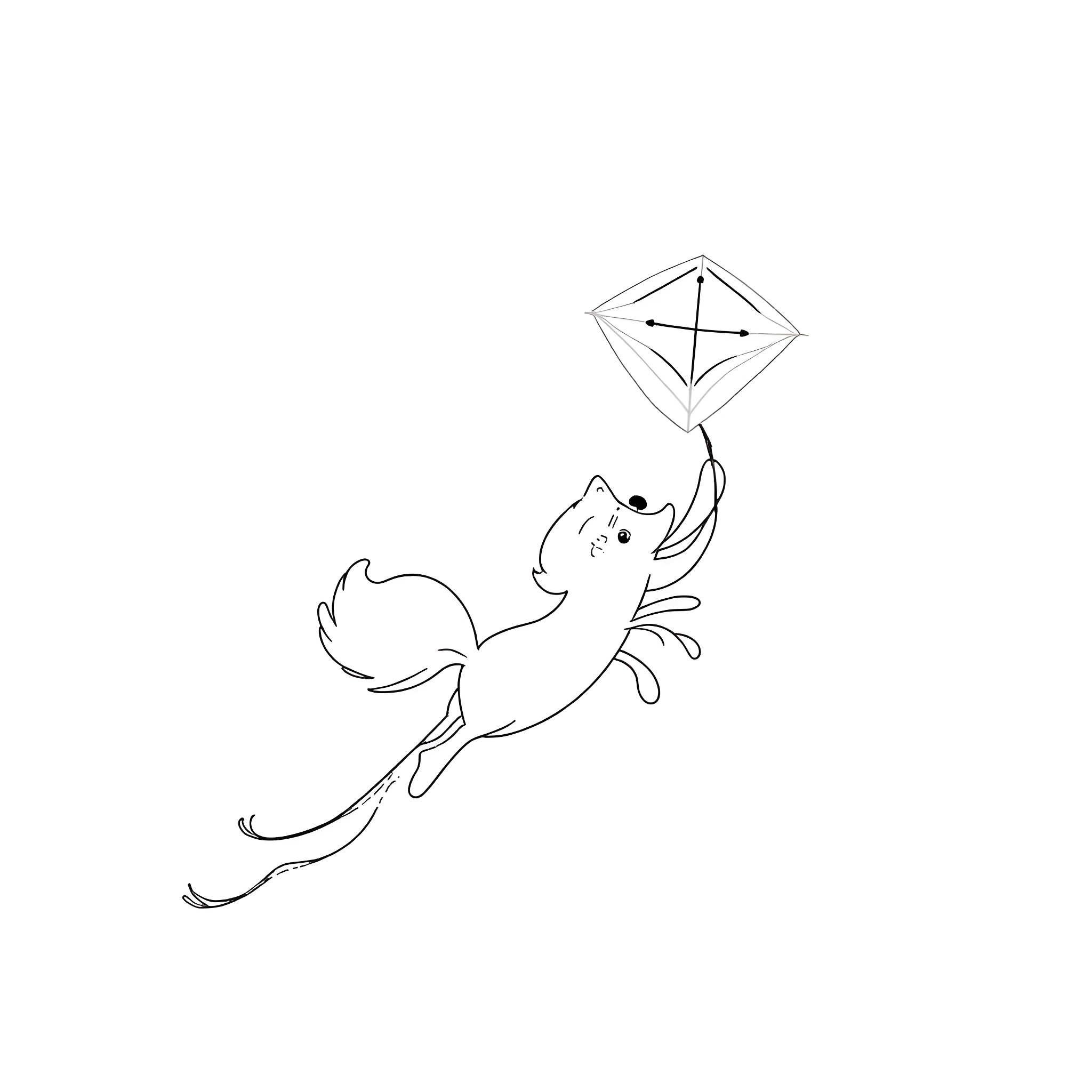 Vox - Playful fox flying kite in the wind Coloring Page (free black-and-white line drawing printable PDF for all, from beginners to advanced learners, including children, teens, adults, and seniors)