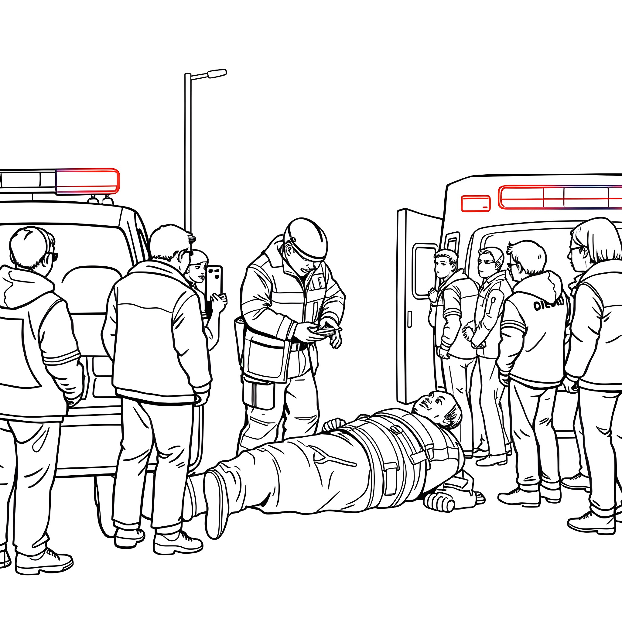 Paramedics assisting an injured person at the scene Coloring Page (free black-and-white line drawing printable PDF for all, from beginners to advanced learners, including children, teens, adults, and seniors)