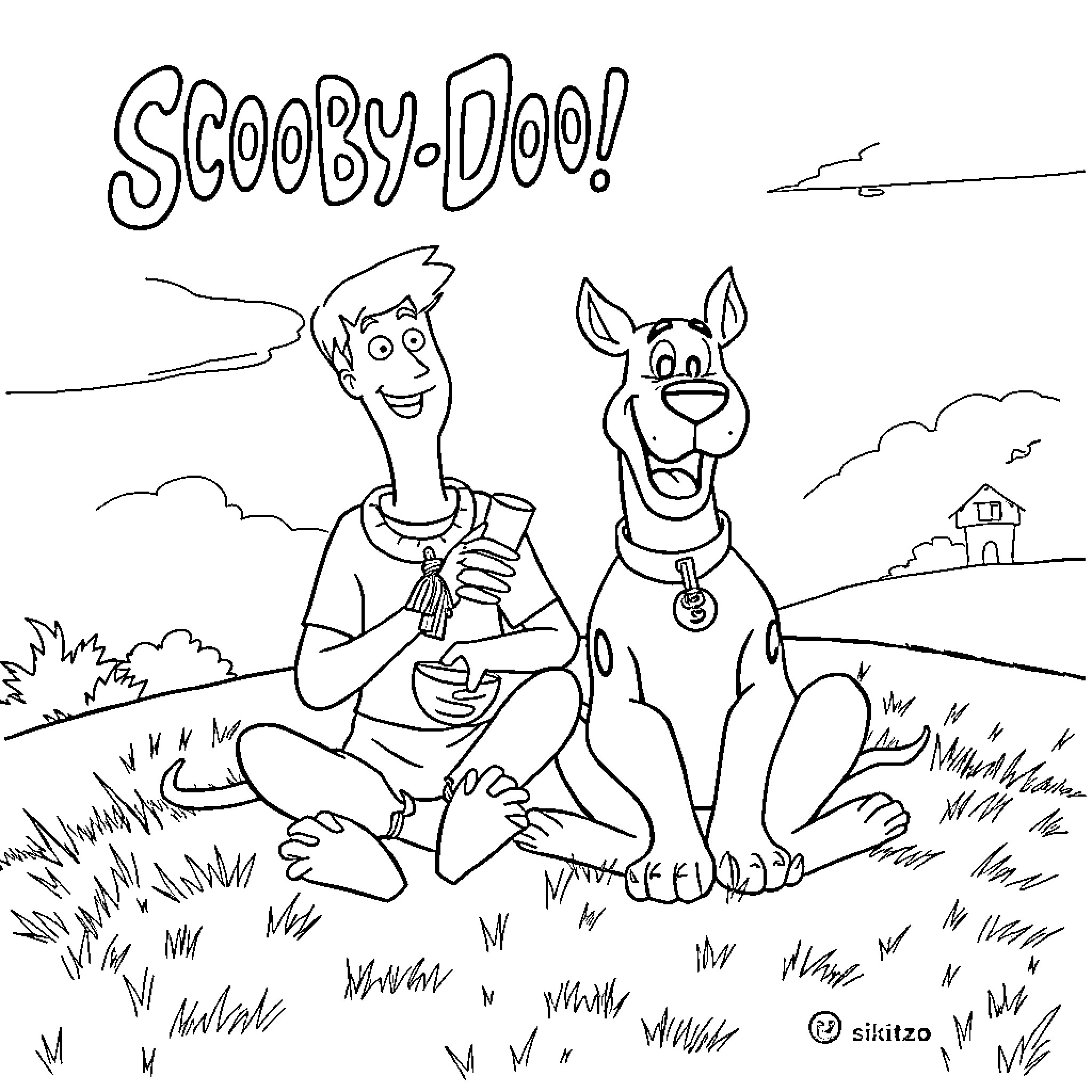 Scooby Doo! Enjoying a day outdoors with a friend Coloring Page (free black-and-white line drawing printable PDF for all, from beginners to advanced learners, including children, teens, adults, and seniors)