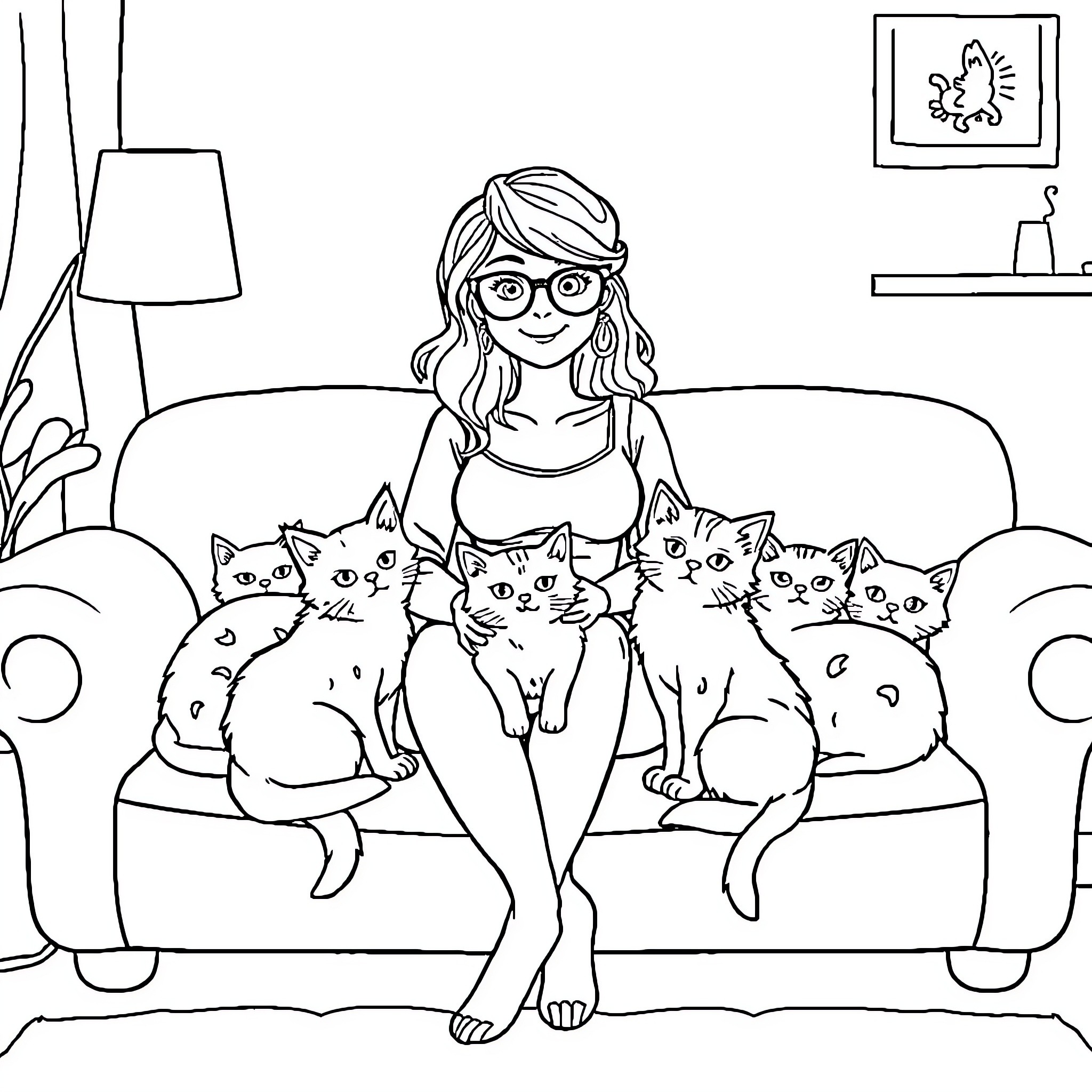 Cat Lady Relaxes with Her Feline Companions Coloring Page (free black-and-white line drawing printable PDF for all, from beginners to advanced learners, including children, teens, adults, and seniors)