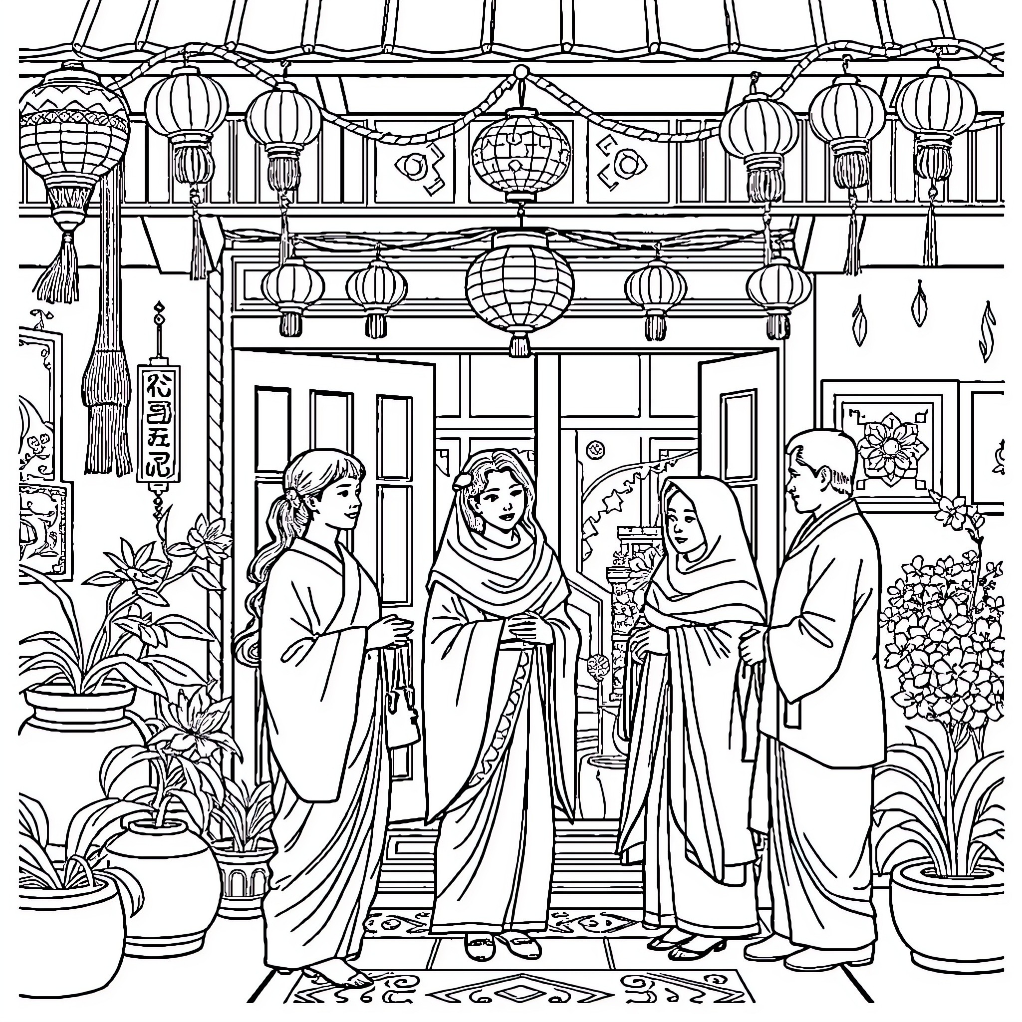 Woman in traditional attire gathering at festive location Coloring Page (free black-and-white line drawing printable PDF for all, from beginners to advanced learners, including children, teens, adults, and seniors)